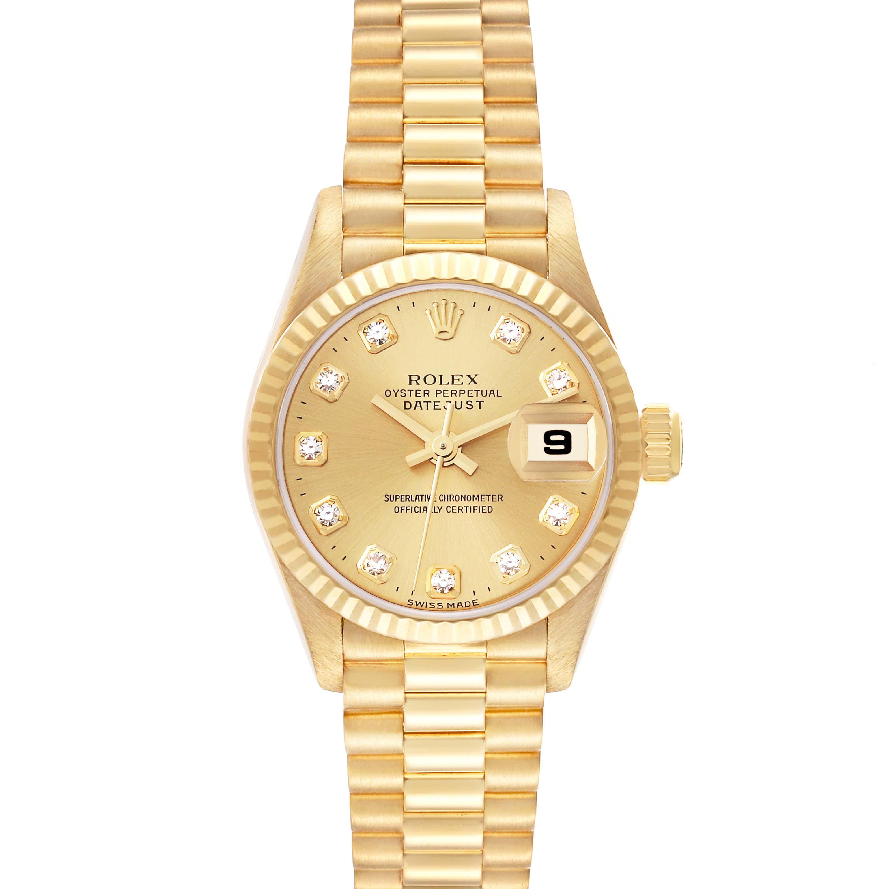 This image shows the front of a Rolex President 79178 Women
s Yellow Gold Champagne Dial 79178 Women
s Yellow Gold Champagne Dial model watch, highlighting its dial, bezel, bracelet, and date window.