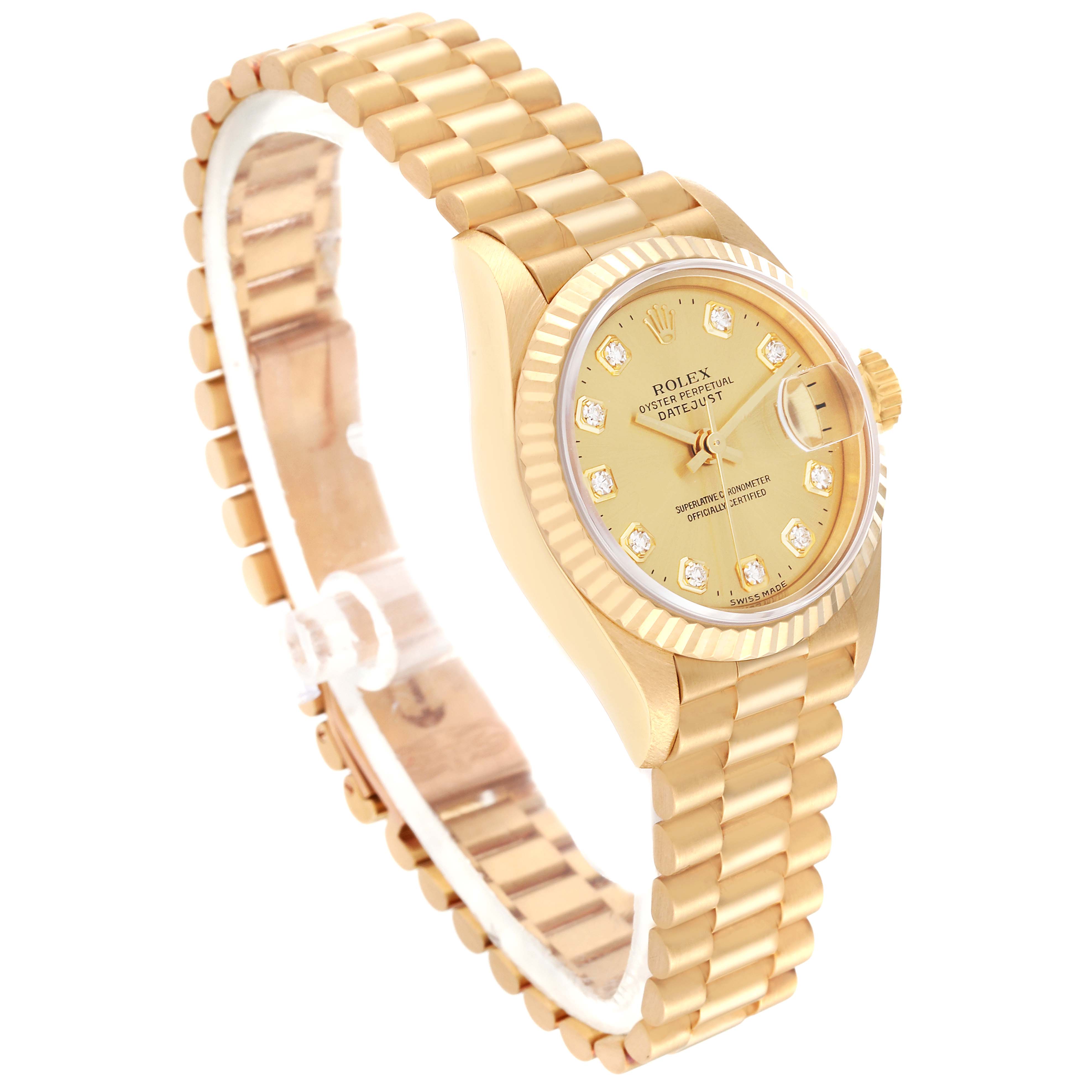 The image shows a side view of a gold Rolex President 79178 Women
s Yellow Gold Champagne Dial 79178 Women
s Yellow Gold Champagne Dial model watch, displaying its bracelet, case, dial, and bezel.