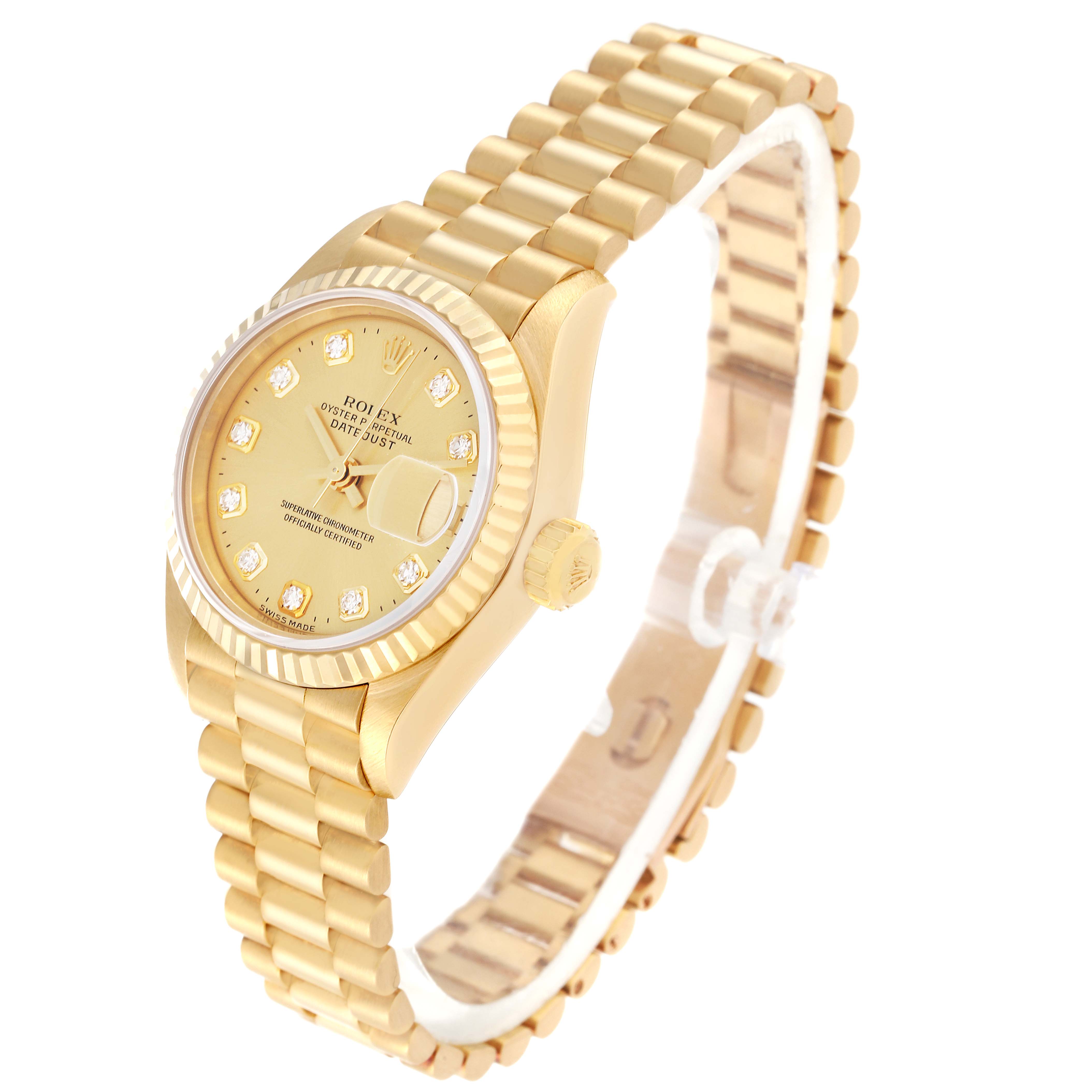 The image shows a Rolex President 79178 Women
s Yellow Gold Champagne Dial 79178 Women
s Yellow Gold Champagne Dial model watch from a three-quarter angle, highlighting its gold bracelet, dial, and bezel.