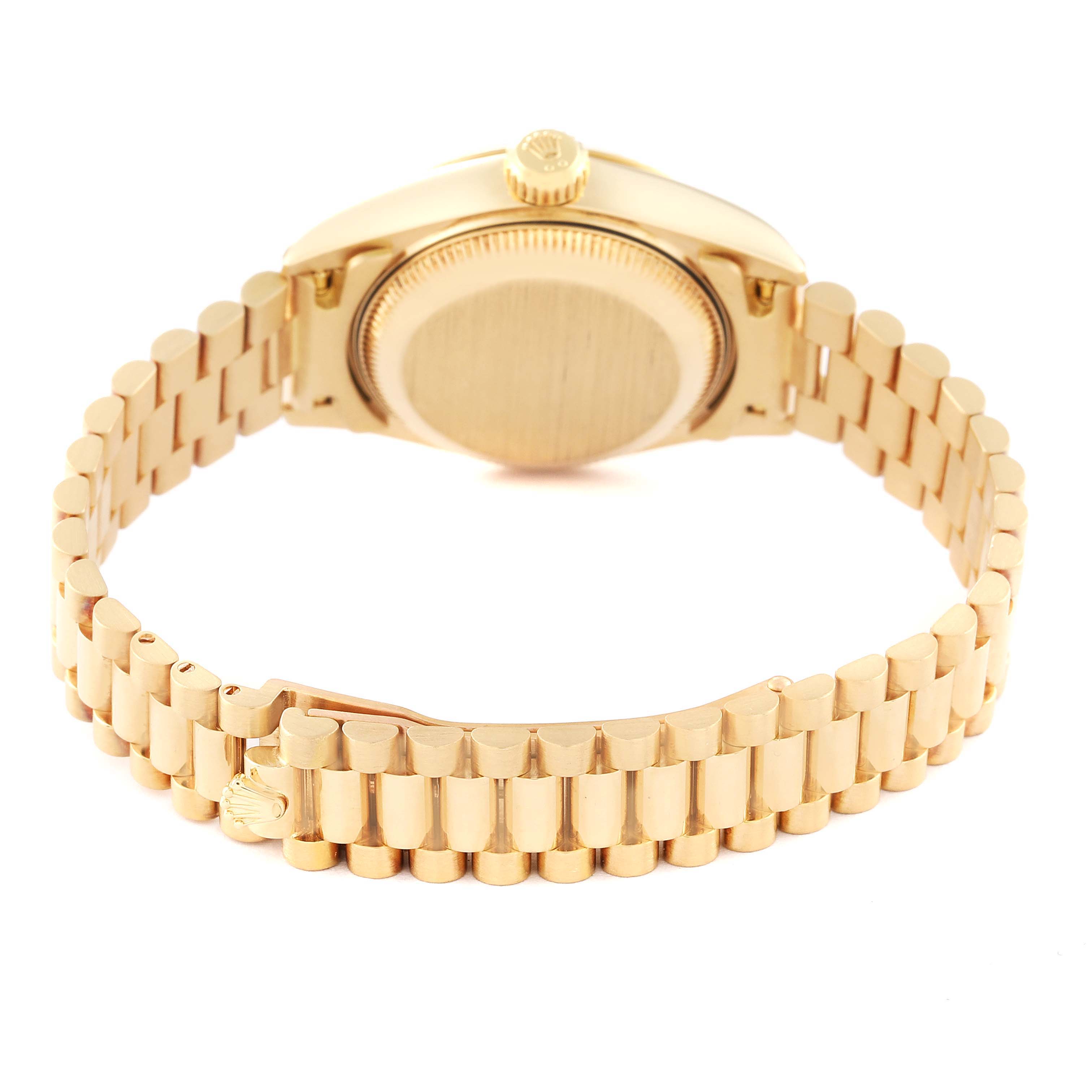This image shows the back and bracelet of a Rolex President 79178 Women
s Yellow Gold Champagne Dial 79178 Women
s Yellow Gold Champagne Dial model watch from a rear angle.