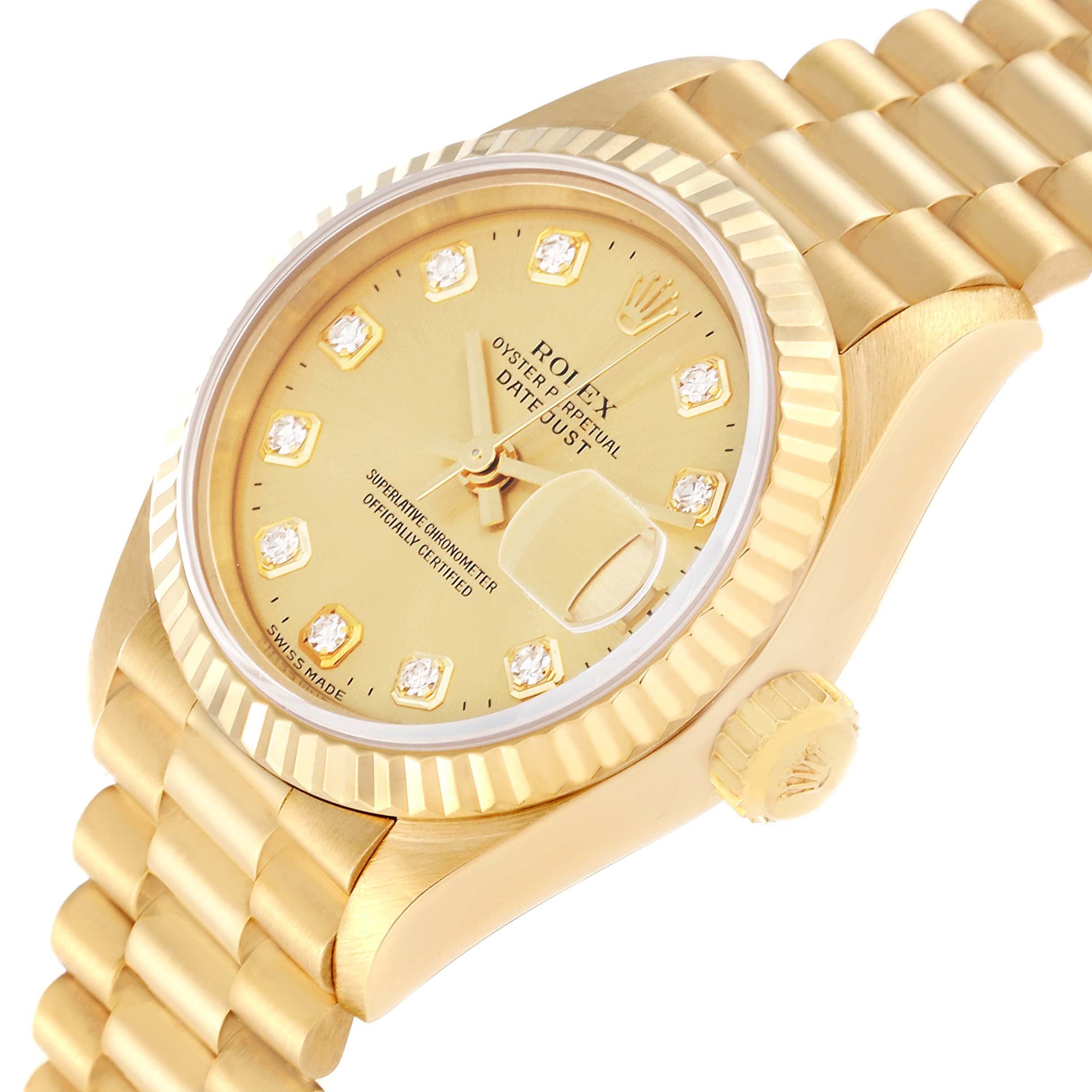 This image shows a Rolex President 79178 Women
s Yellow Gold Champagne Dial 79178 Women
s Yellow Gold Champagne Dial model watch at an angle highlighting its gold case, diamond markers, bezel, and part of the bracelet.