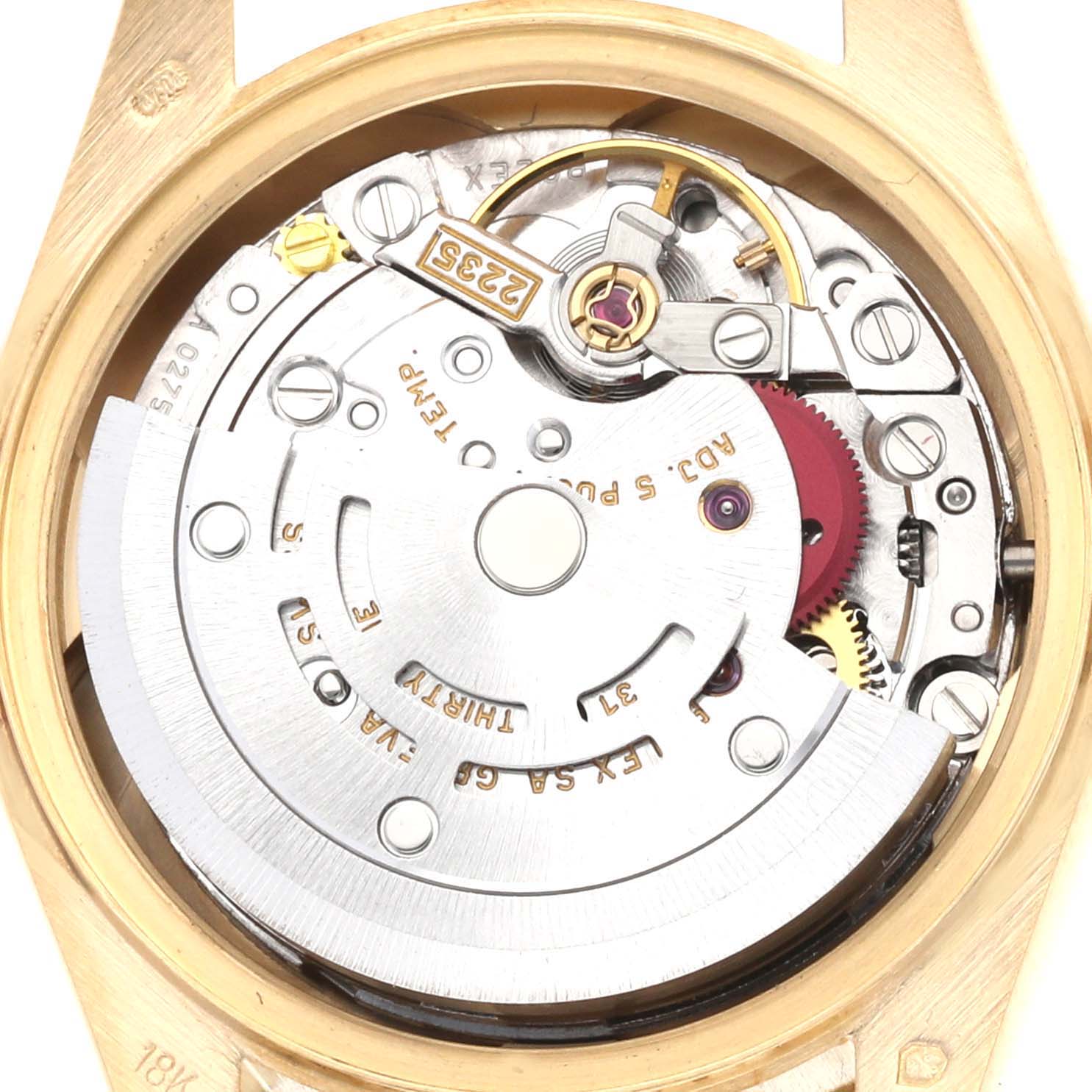 This is an inside view of the Rolex President 79178 Women
s Yellow Gold Champagne Dial 79178 Women
s Yellow Gold Champagne Dial model watch, showing its intricate internal movement mechanism.
