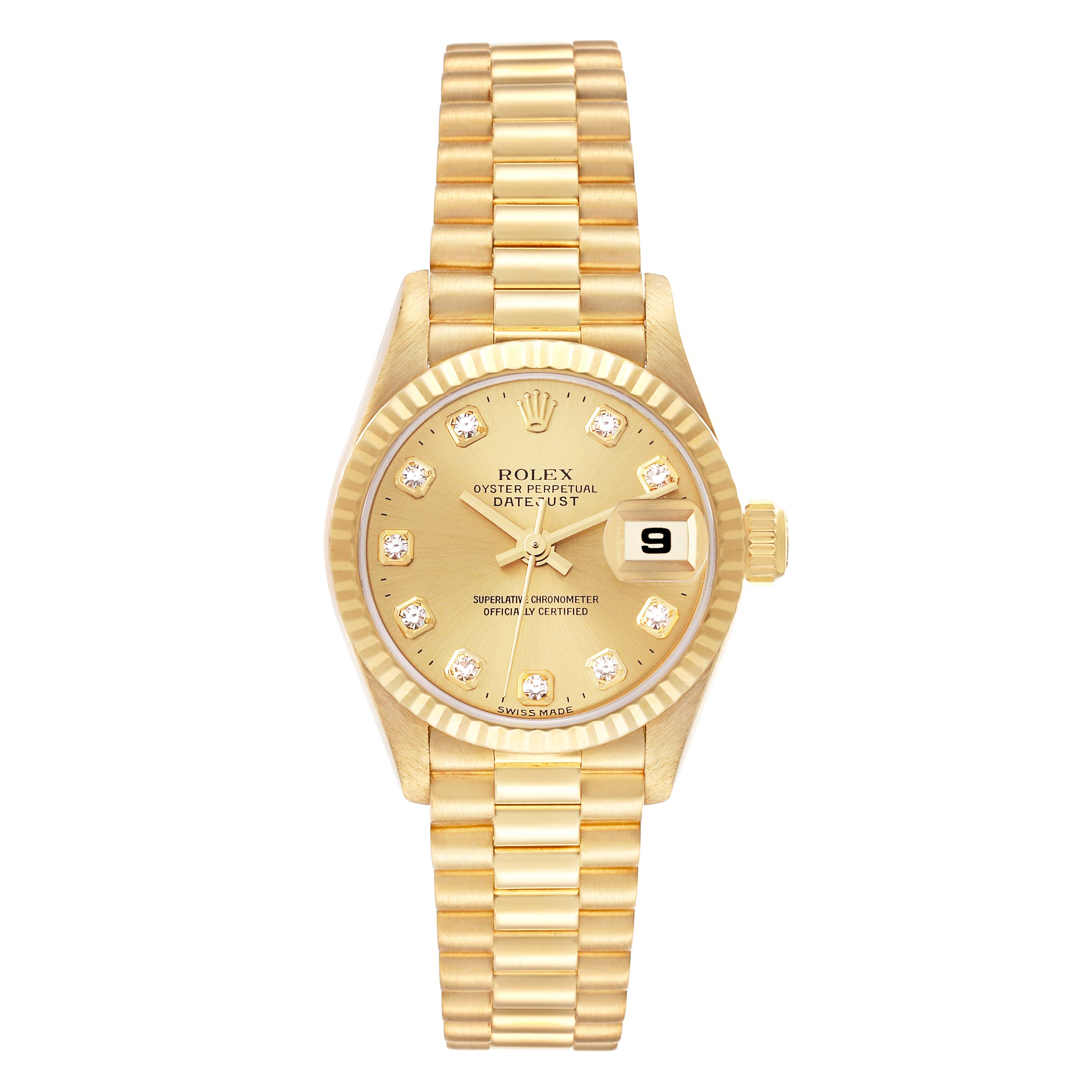 The image shows a Rolex President 79178 Women
s Yellow Gold Champagne Dial 79178 Women
s Yellow Gold Champagne Dial model watch with a gold bracelet, fluted bezel, and date window at 3 o
clock, viewed from the front.