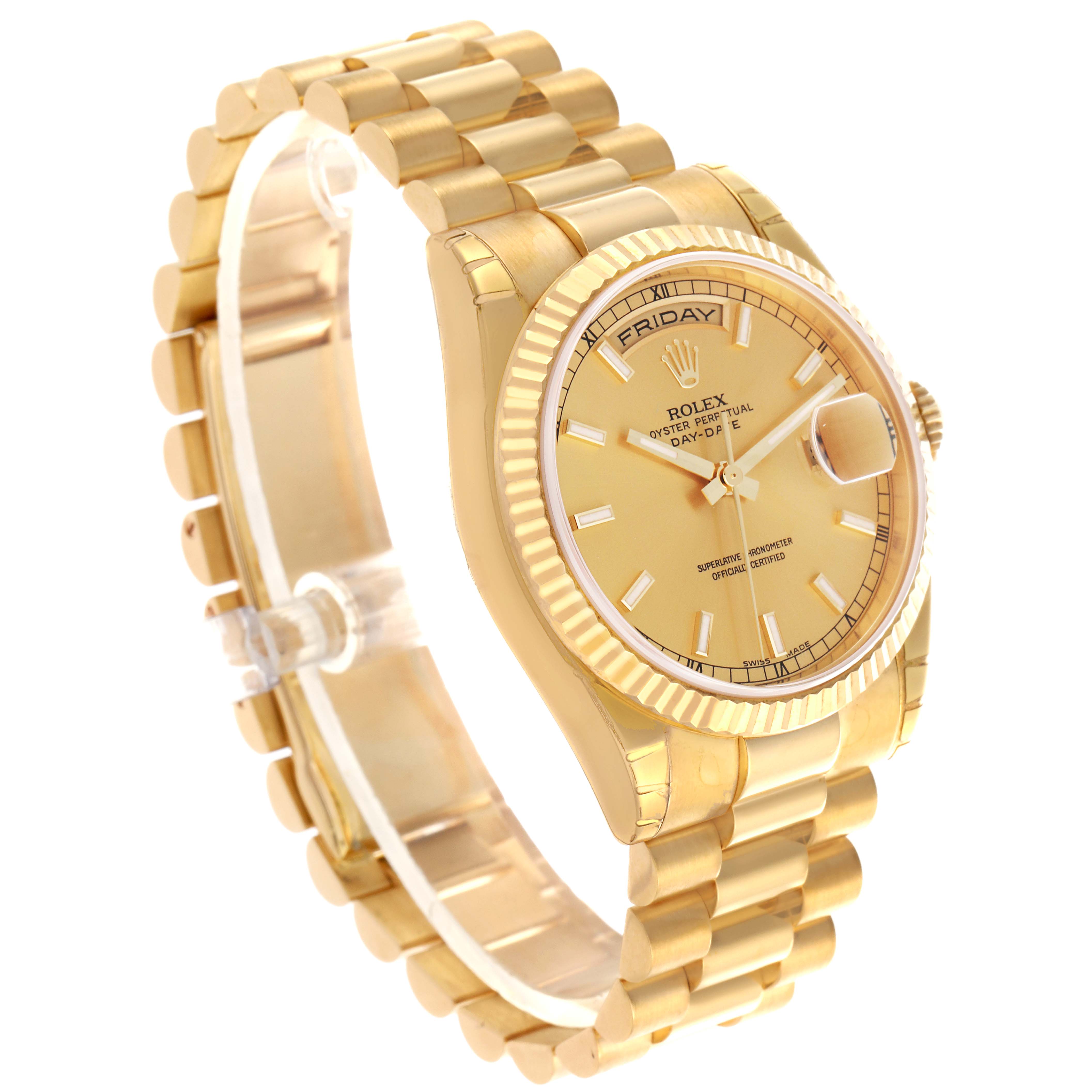 The Rolex President 118238 Men
s Yellow Gold Champagne Dial 118238 Men
s Yellow Gold Champagne Dial model watch is shown at a slight angle, displaying the dial, fluted bezel, and bracelet clearly.