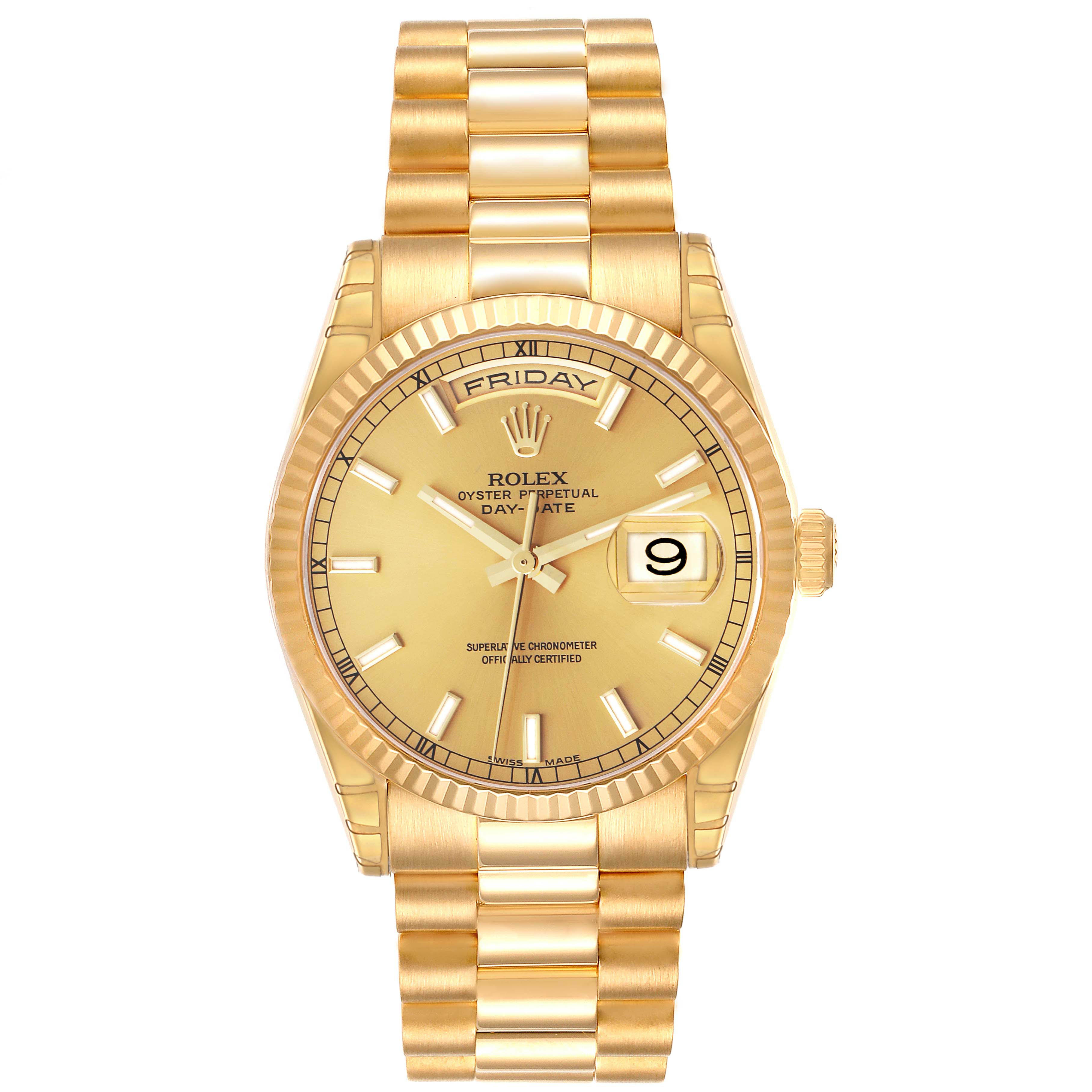 The Rolex President 118238 Men
s Yellow Gold Champagne Dial 118238 Men
s Yellow Gold Champagne Dial model is shown from a top-down angle, displaying the face, bezel, band, and crown.