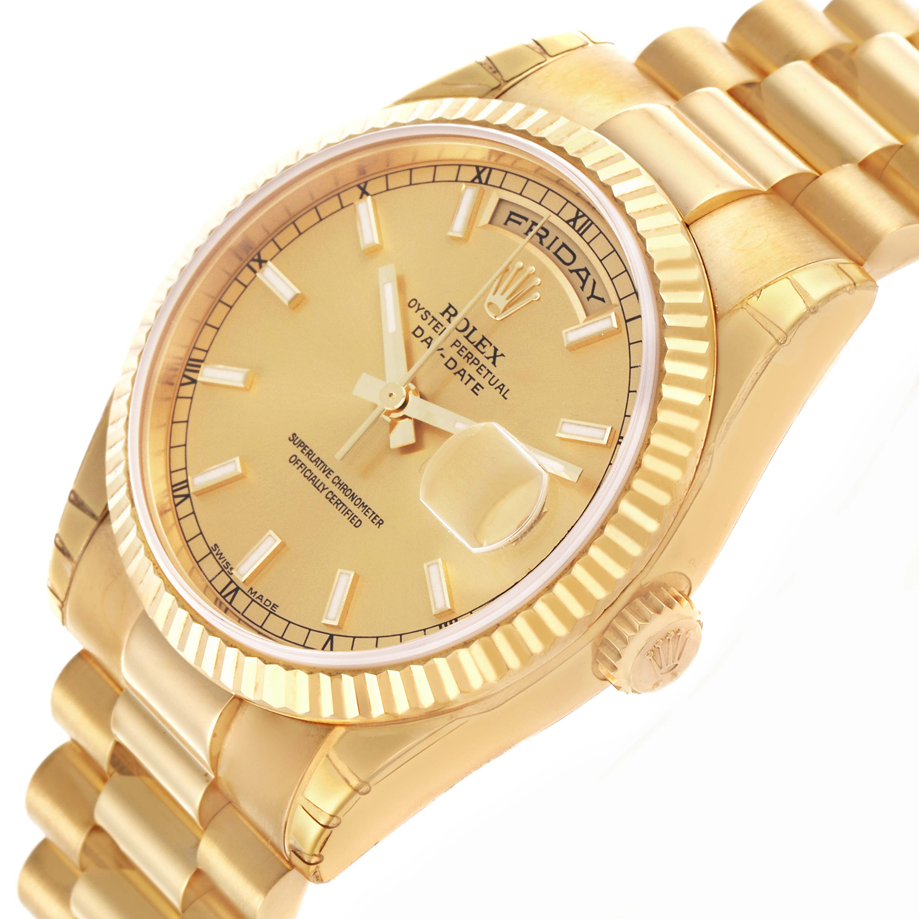 The Rolex President 118238 Men
s Yellow Gold Champagne Dial 118238 Men
s Yellow Gold Champagne Dial model is shown at a slight angle, highlighting the dial, fluted bezel, day-date display, and a portion of the bracelet.