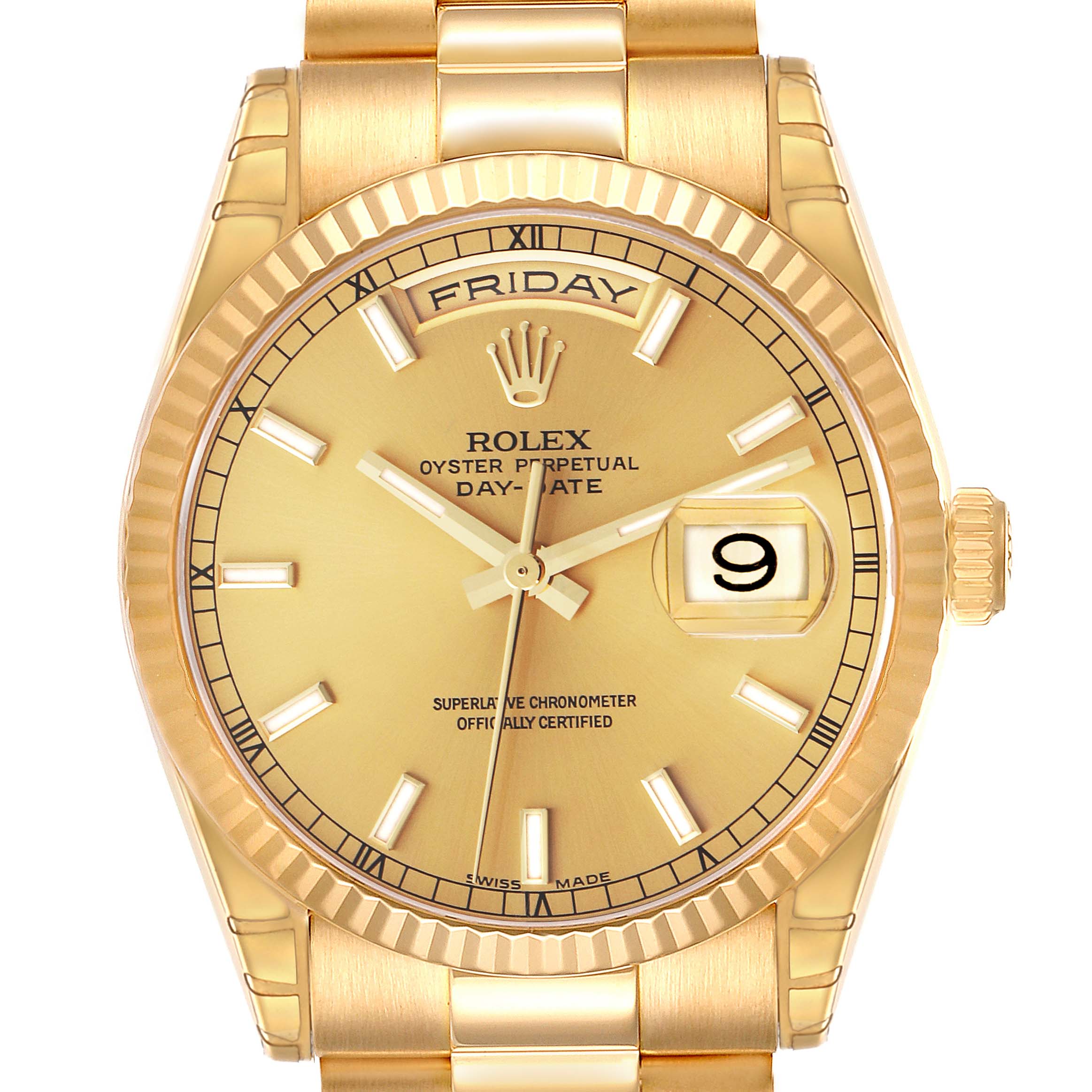 The Rolex President 118238 Men
s Yellow Gold Champagne Dial 118238 Men
s Yellow Gold Champagne Dial model watch is shown from a front angle, displaying the dial, bezel, crown, and bracelet top.