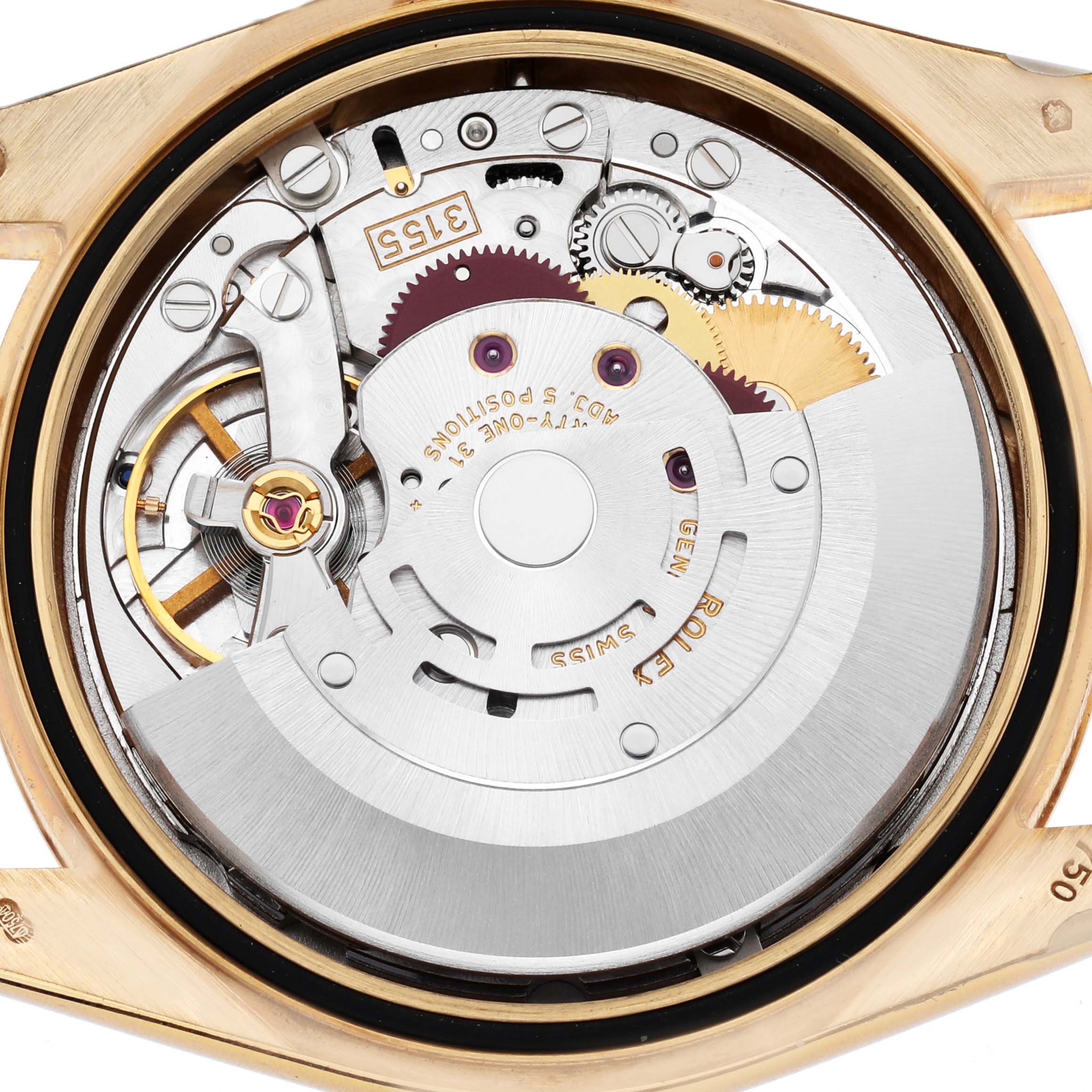 The image shows the inner movement of a Rolex President 118238 Men
s Yellow Gold Champagne Dial 118238 Men
s Yellow Gold Champagne Dial watch from the back, highlighting gears and mechanical components.