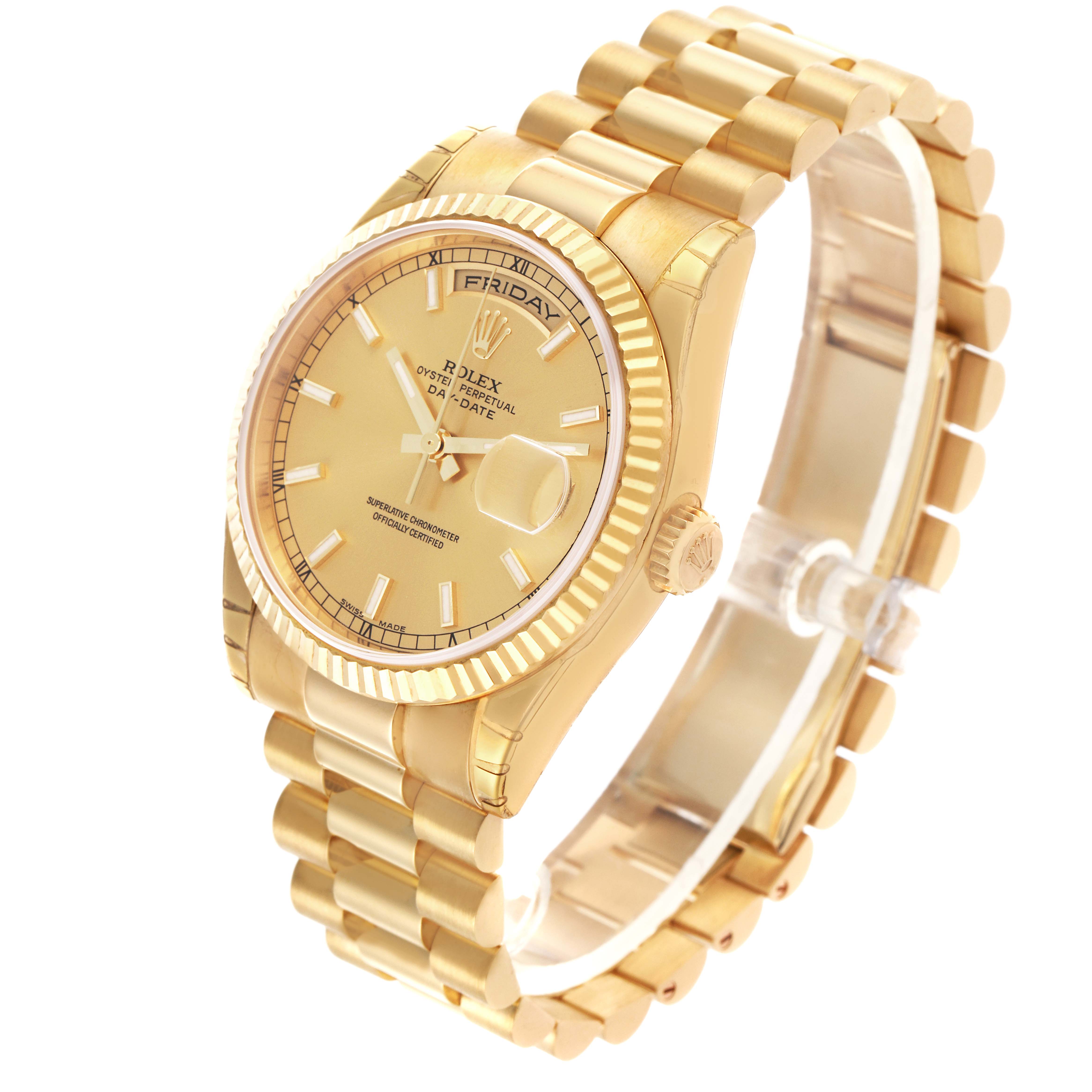 The Rolex President 118238 Men
s Yellow Gold Champagne Dial 118238 Men
s Yellow Gold Champagne Dial model is shown at a three-quarter angle, highlighting the face, crown, and President bracelet.