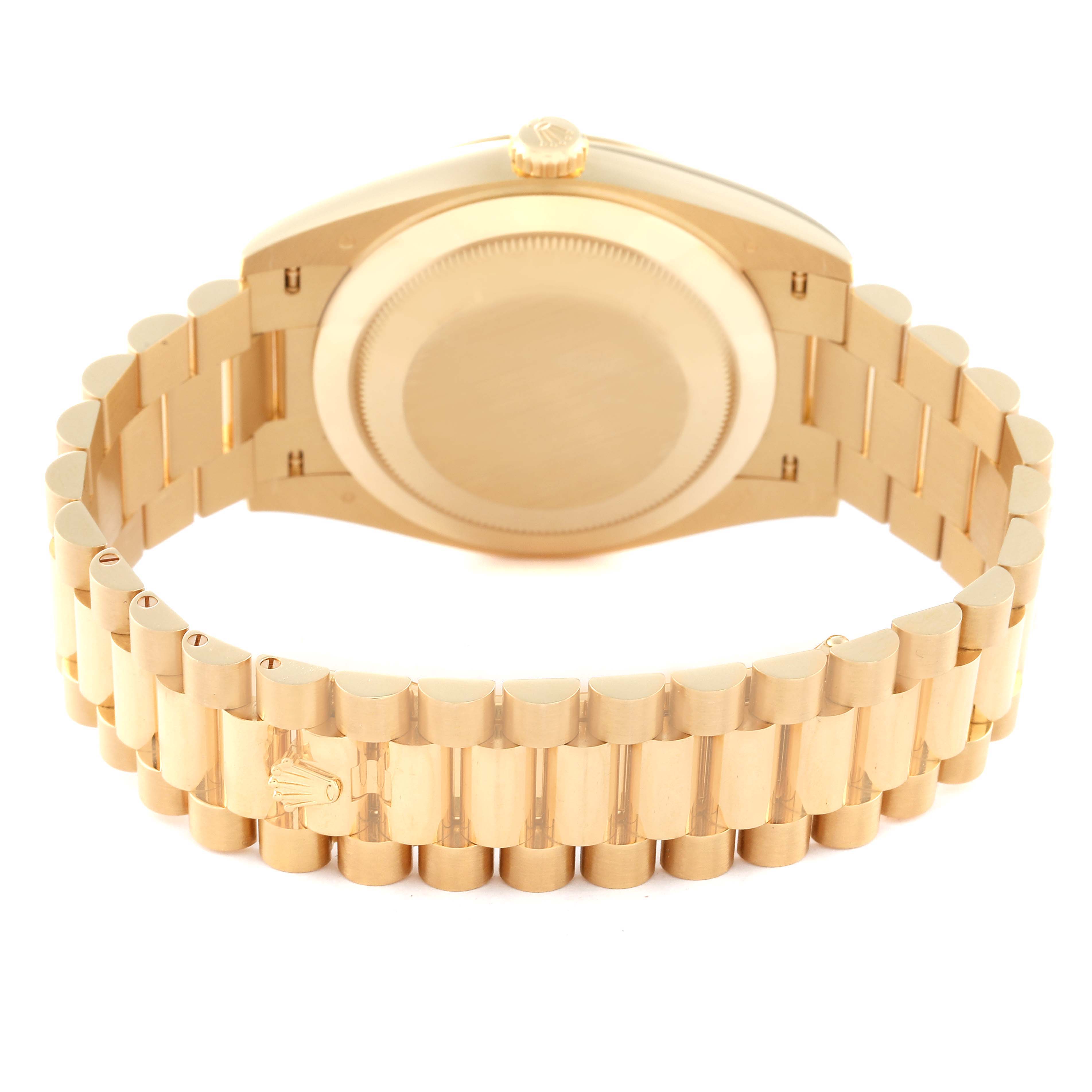 The image shows the back case and bracelet of a Rolex President 228238 Men's Yellow Gold Black Dial 228238 Men's Yellow Gold Black Dial model watch from a rear angle.