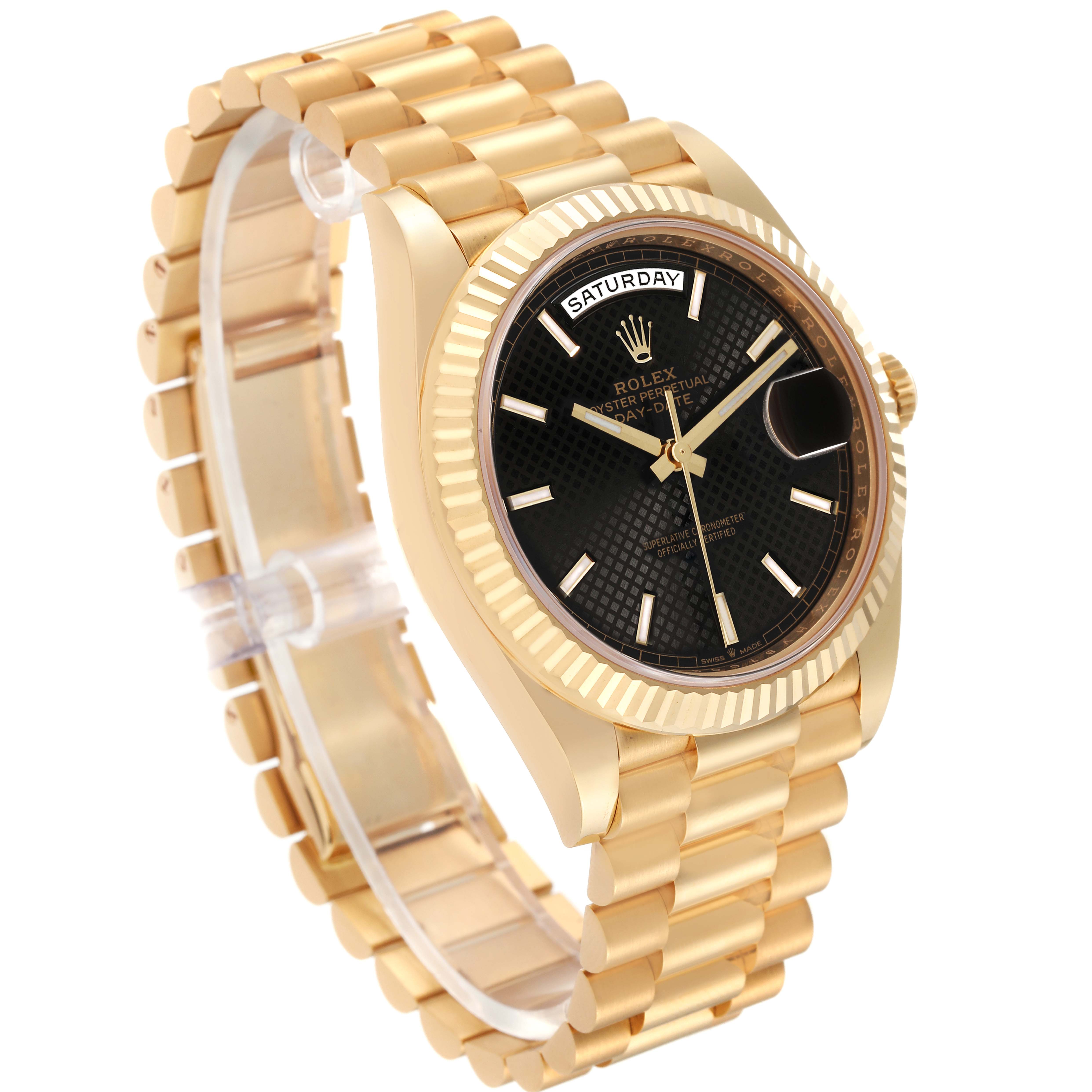 This image shows a Rolex President 228238 Men's Yellow Gold Black Dial 228238 Men's Yellow Gold Black Dial model watch from a three-quarter angle, highlighting its gold bracelet, black dial, and fluted bezel.