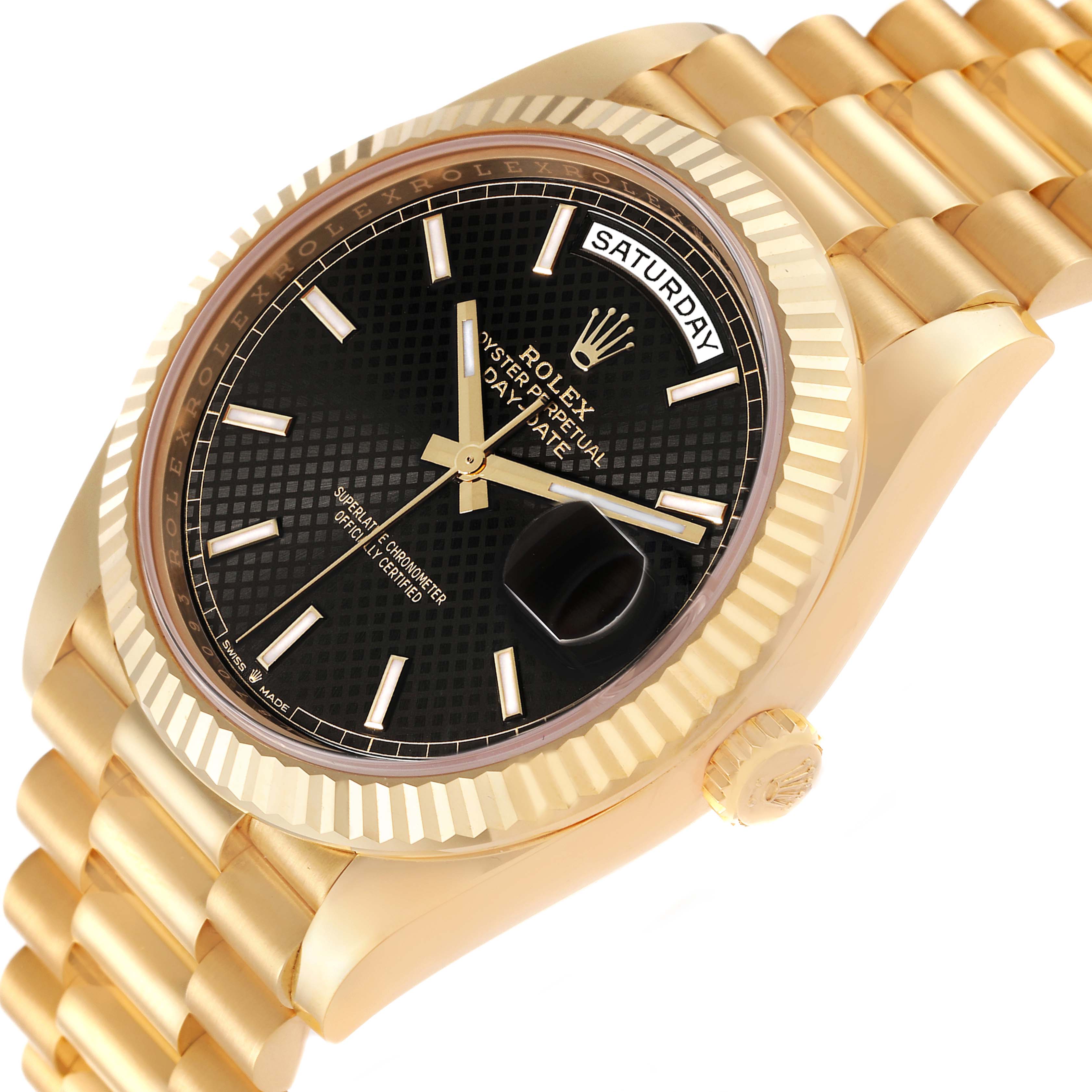 The Rolex President 228238 Men's Yellow Gold Black Dial 228238 Men's Yellow Gold Black Dial model watch is shown at a slight angle, highlighting the black dial, fluted bezel, and gold bracelet.