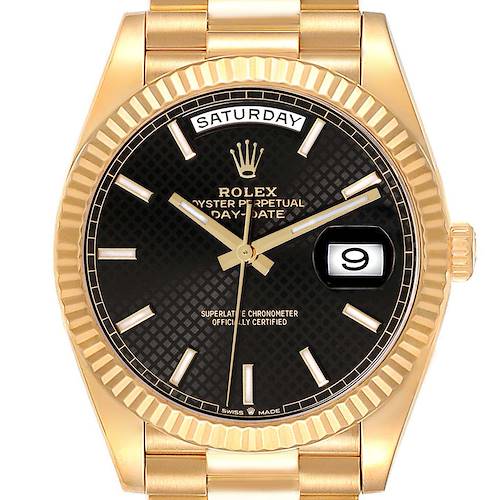 Photo of Rolex President Day-Date 40 Black Diagonal Dial Yellow Gold Mens Watch 228238 Box Card