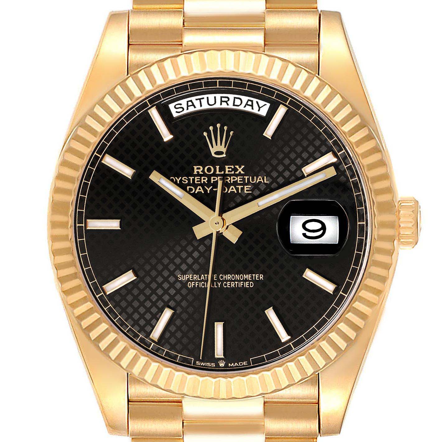 The image shows a Rolex President 228238 Men's Yellow Gold Black Dial 228238 Men's Yellow Gold Black Dial Day-Date watch in a close-up, capturing its gold case, fluted bezel, black dial, and bracelet.