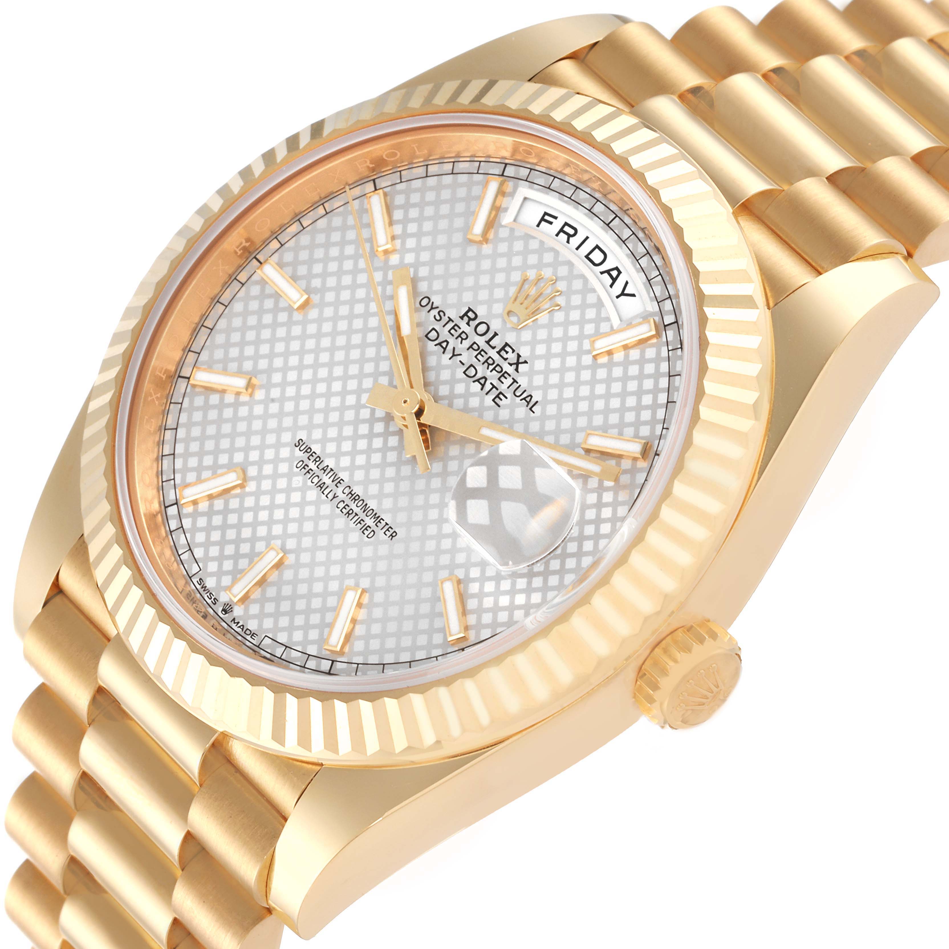 The image shows a close-up angled view of a Rolex President 228238 Men's Yellow Gold Silver Dial 228238 Men's Yellow Gold Silver Dial model, highlighting its gold case, bracelet, and face with day and date features.