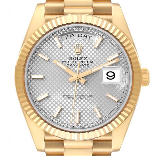 Photo of Rolex President Day-Date 40 Yellow Gold Silver Diagonal Dial Mens Watch 228238 Box Card