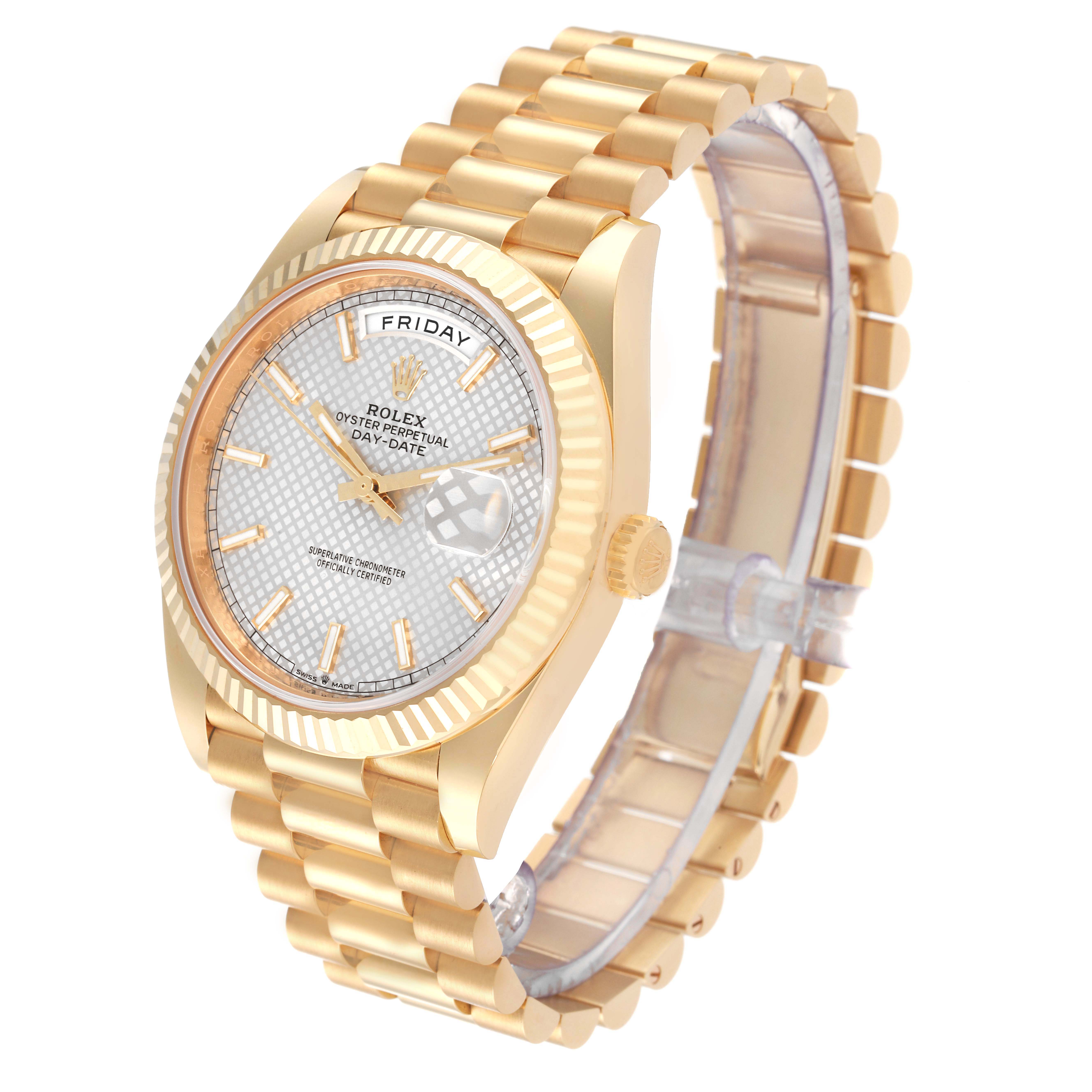 The image shows a Rolex President 228238 Men's Yellow Gold Silver Dial 228238 Men's Yellow Gold Silver Dial model watch at a three-quarter angle, highlighting the dial, bezel, crown, and bracelet.