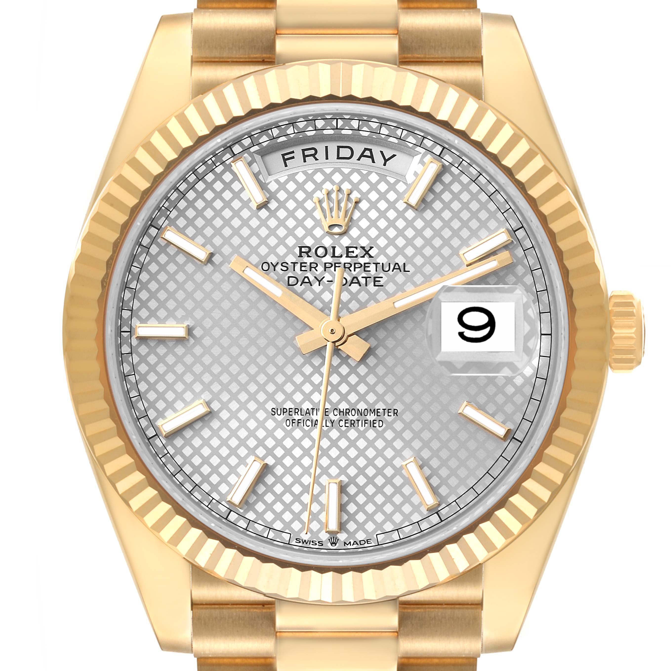 The image shows a front view of the Rolex President 228238 Men's Yellow Gold Silver Dial 228238 Men's Yellow Gold Silver Dial Day-Date watch face and part of its gold bracelet.