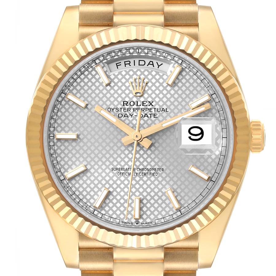 Rolex President Day-Date 40 Yellow Gold Silver Diagonal Dial Mens Watch 228238 Box Card SwissWatchExpo