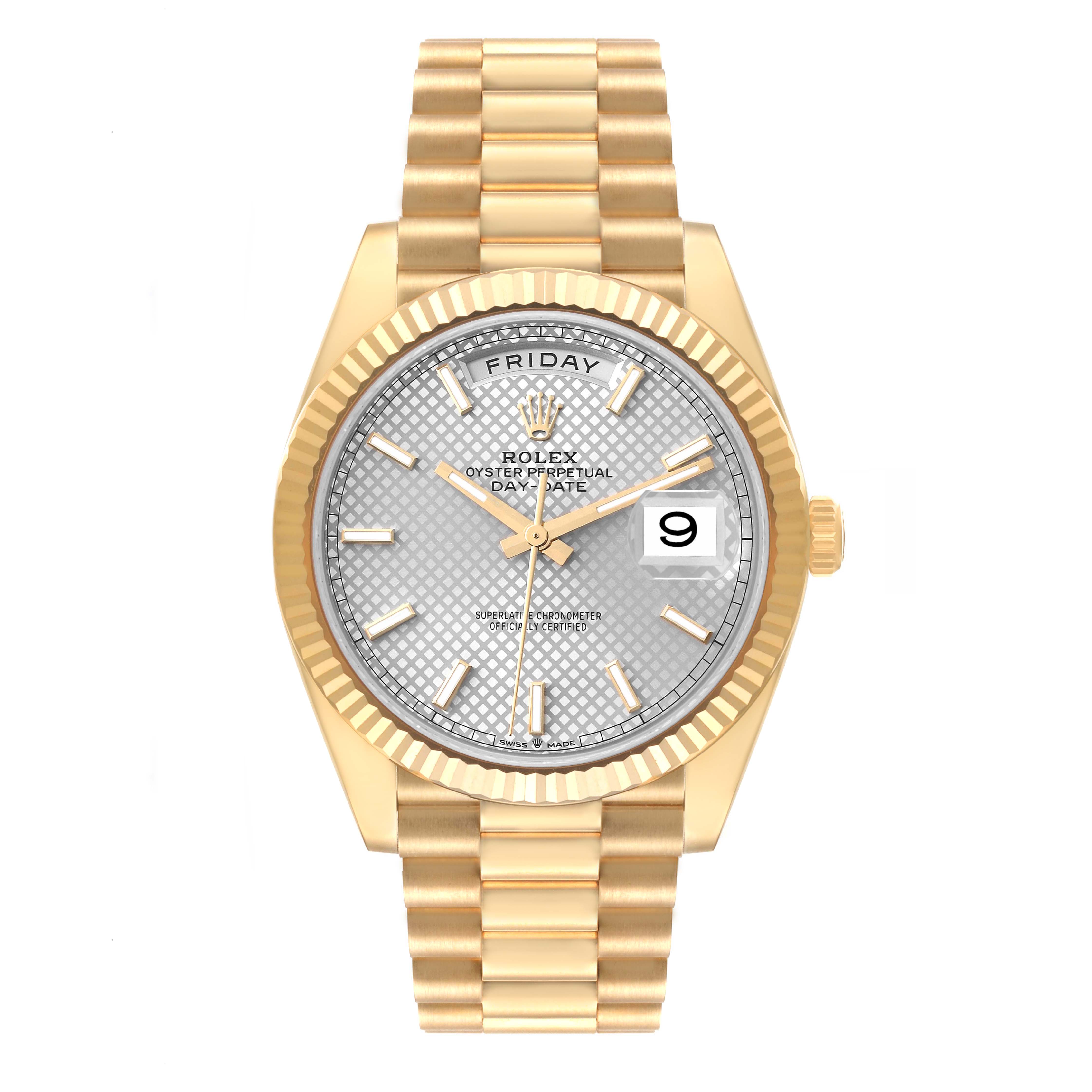 The image shows a frontal view of a Rolex President 228238 Men's Yellow Gold Silver Dial 228238 Men's Yellow Gold Silver Dial model, displaying the dial, bezel, and bracelet clearly.