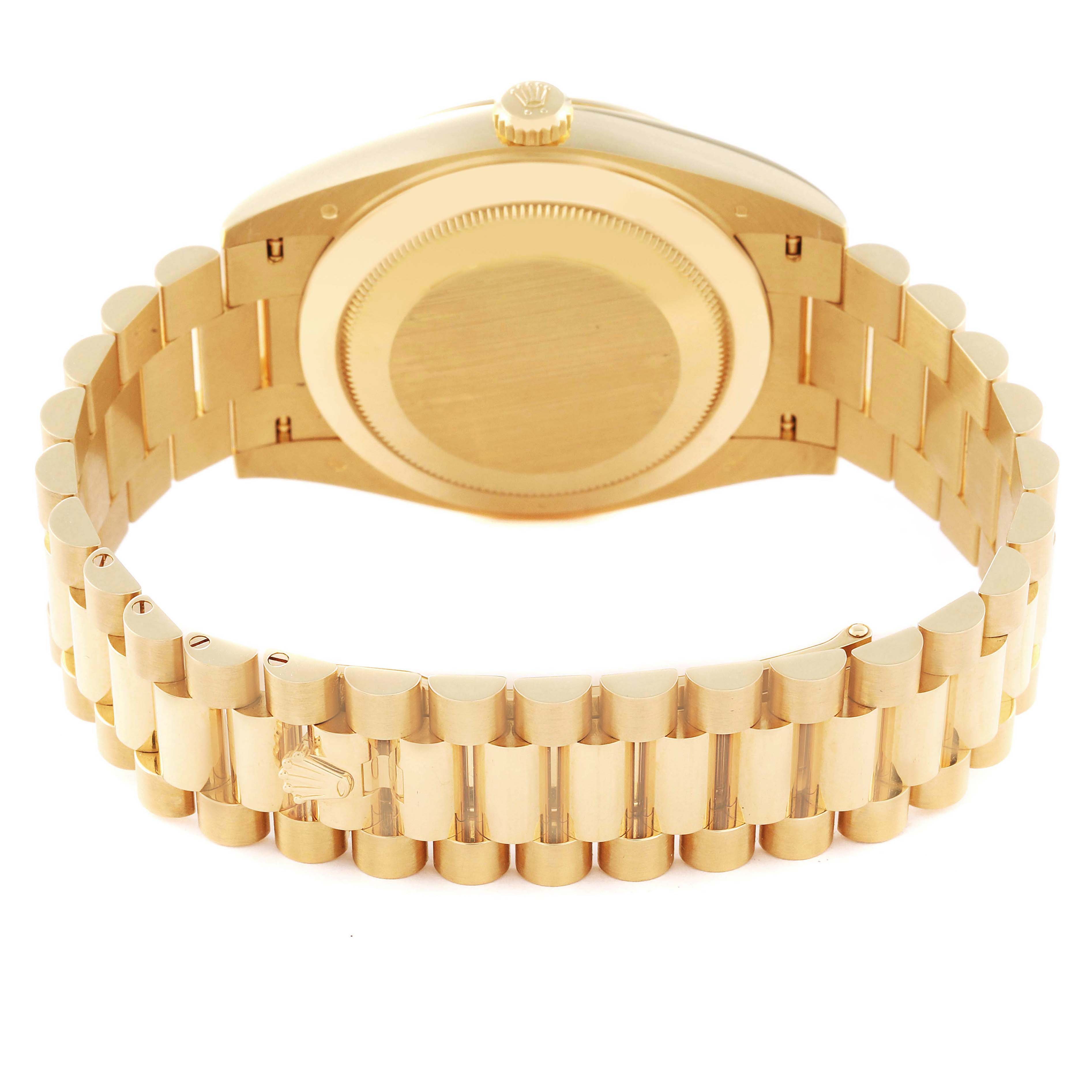 The image shows the back case and bracelet of a Rolex President 228238 Men's Yellow Gold Silver Dial 228238 Men's Yellow Gold Silver Dial model watch at a rear angle.