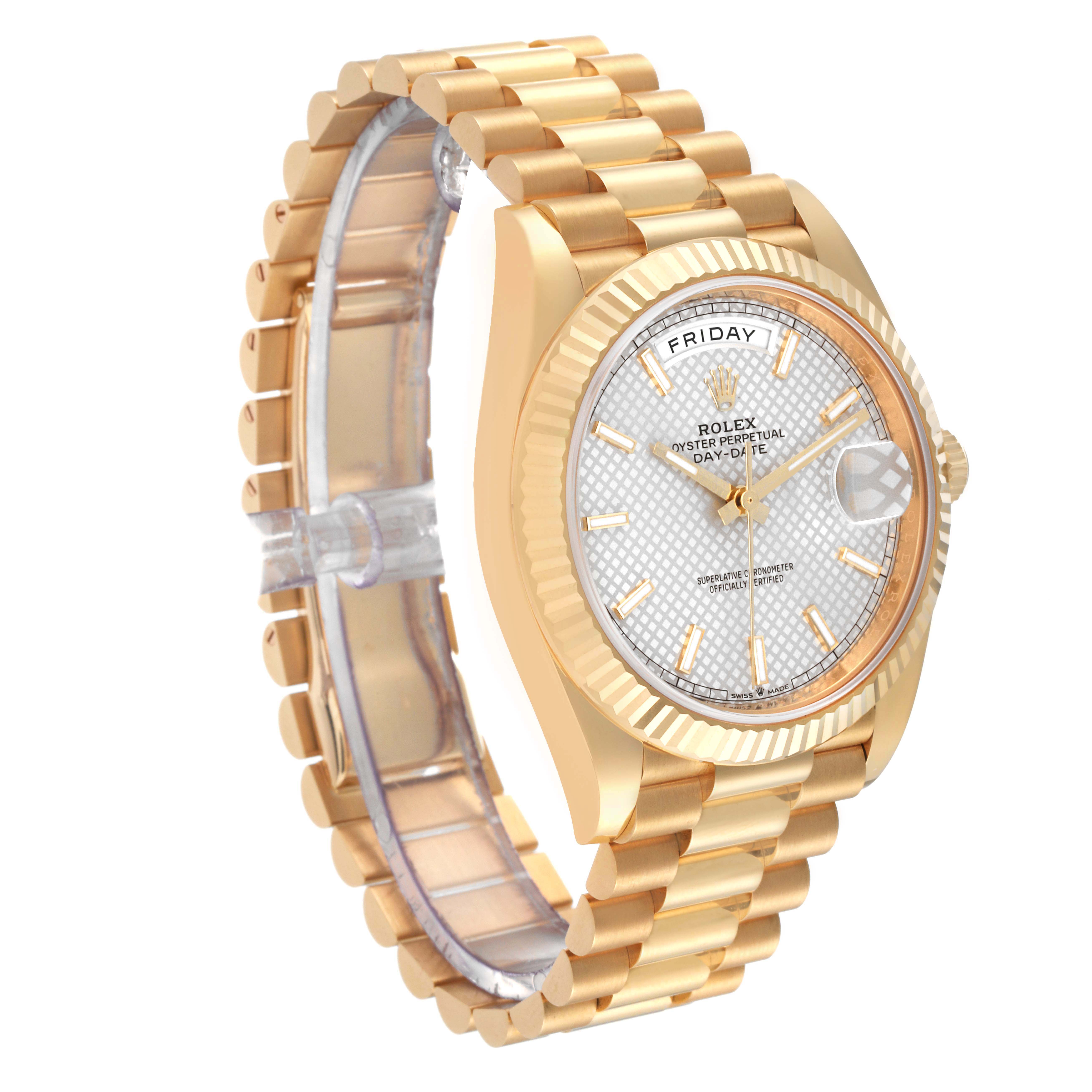 The image shows a side and front angle of a Rolex President 228238 Men's Yellow Gold Silver Dial 228238 Men's Yellow Gold Silver Dial model watch, displaying its gold bracelet, bezel, and dial.