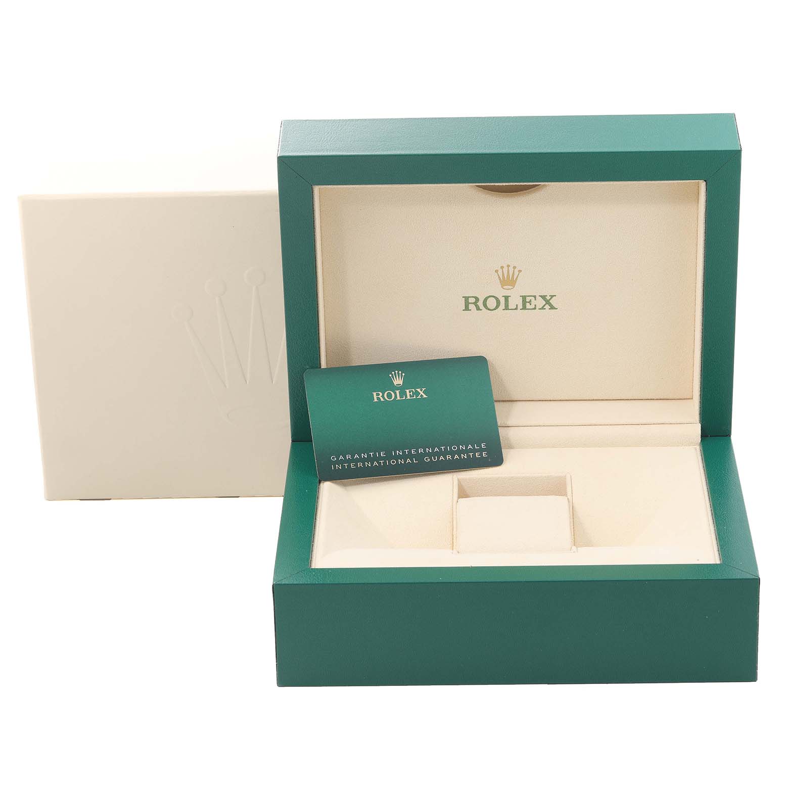 The image shows the open box and warranty card for a Rolex President 228238 Men's Yellow Gold Silver Dial 228238 Men's Yellow Gold Silver Dial model.