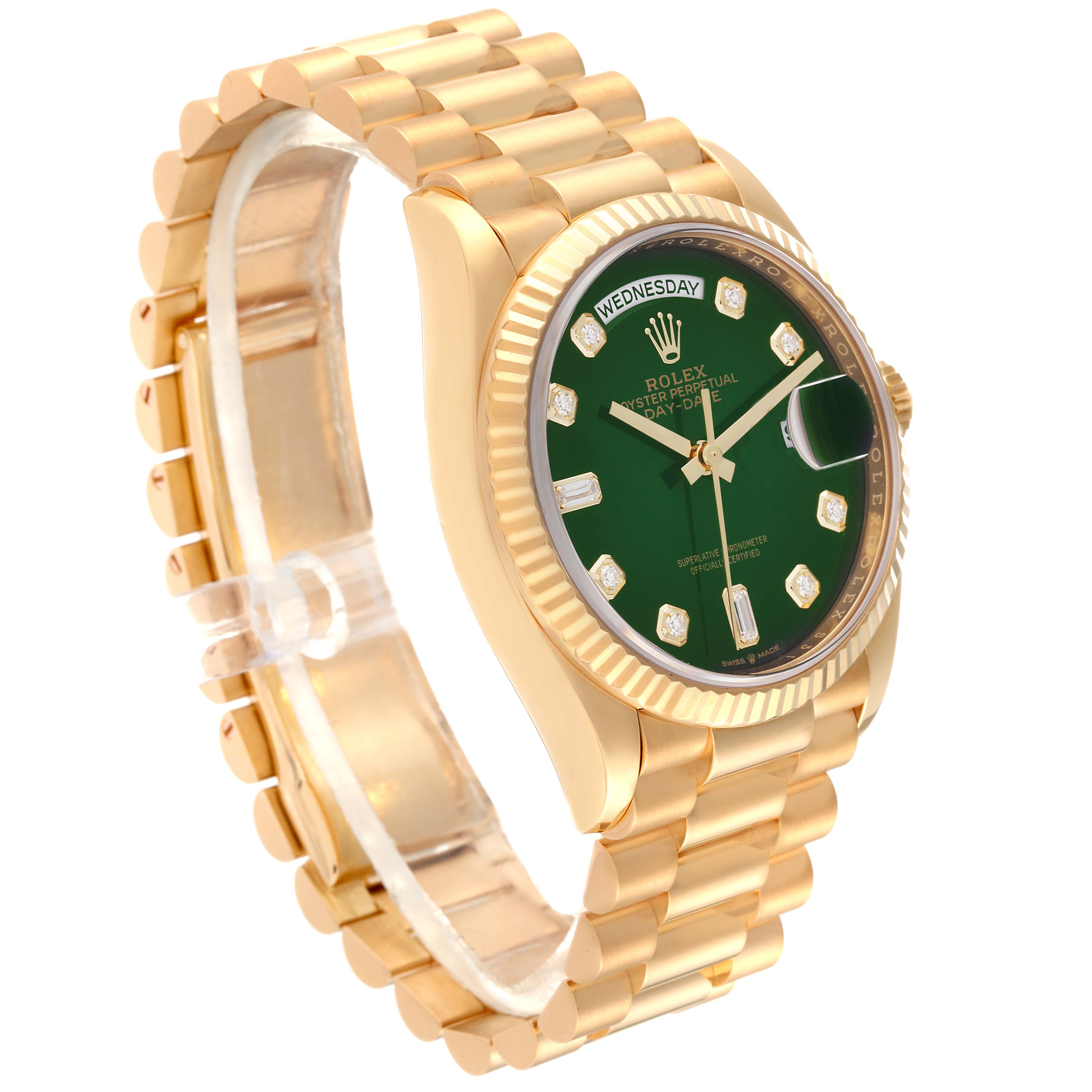 This image shows a Rolex President 128238 Men
s Yellow Gold Green Dial 128238 Men
s Yellow Gold Green Dial model watch at a slight angle, highlighting its green dial, gold case, and bracelet.