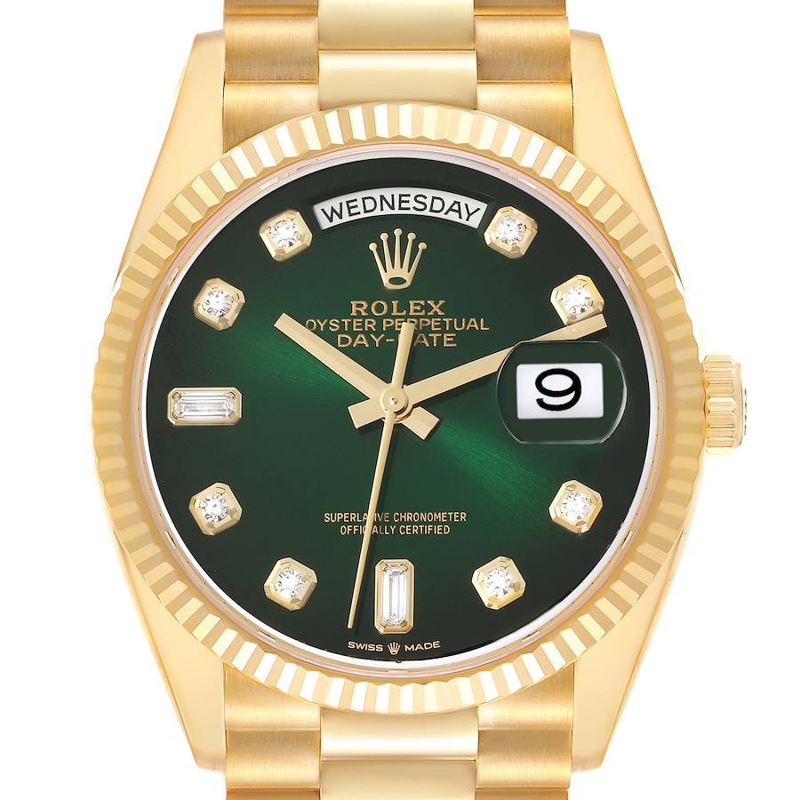 Rolex President Day-Date Yellow Gold Green Diamond Dial Mens Watch 128238 SwissWatchExpo
