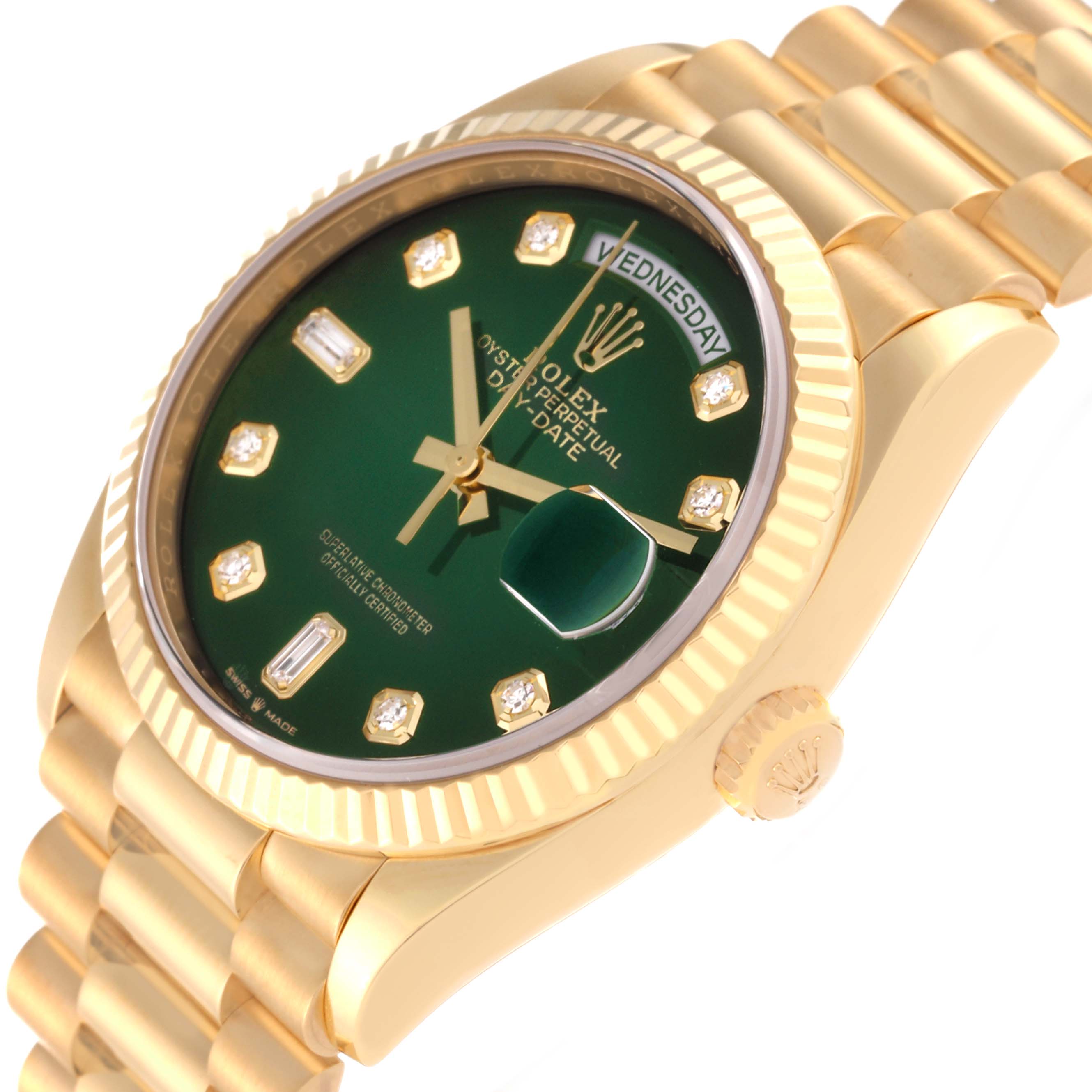 The Rolex President 128238 Men
s Yellow Gold Green Dial 128238 Men
s Yellow Gold Green Dial watch is shown at an angle highlighting its green dial, gold detailing, bezel, and part of the bracelet.