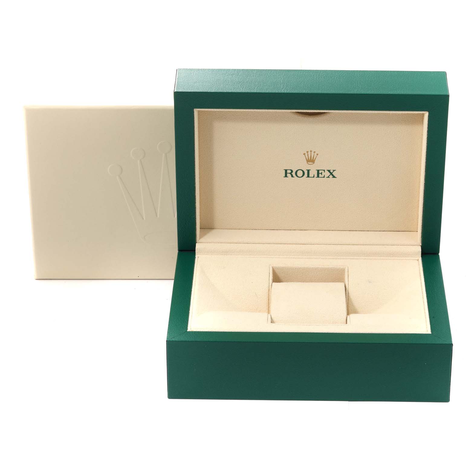 The image shows an open green and beige Rolex watch box designed for the President model.