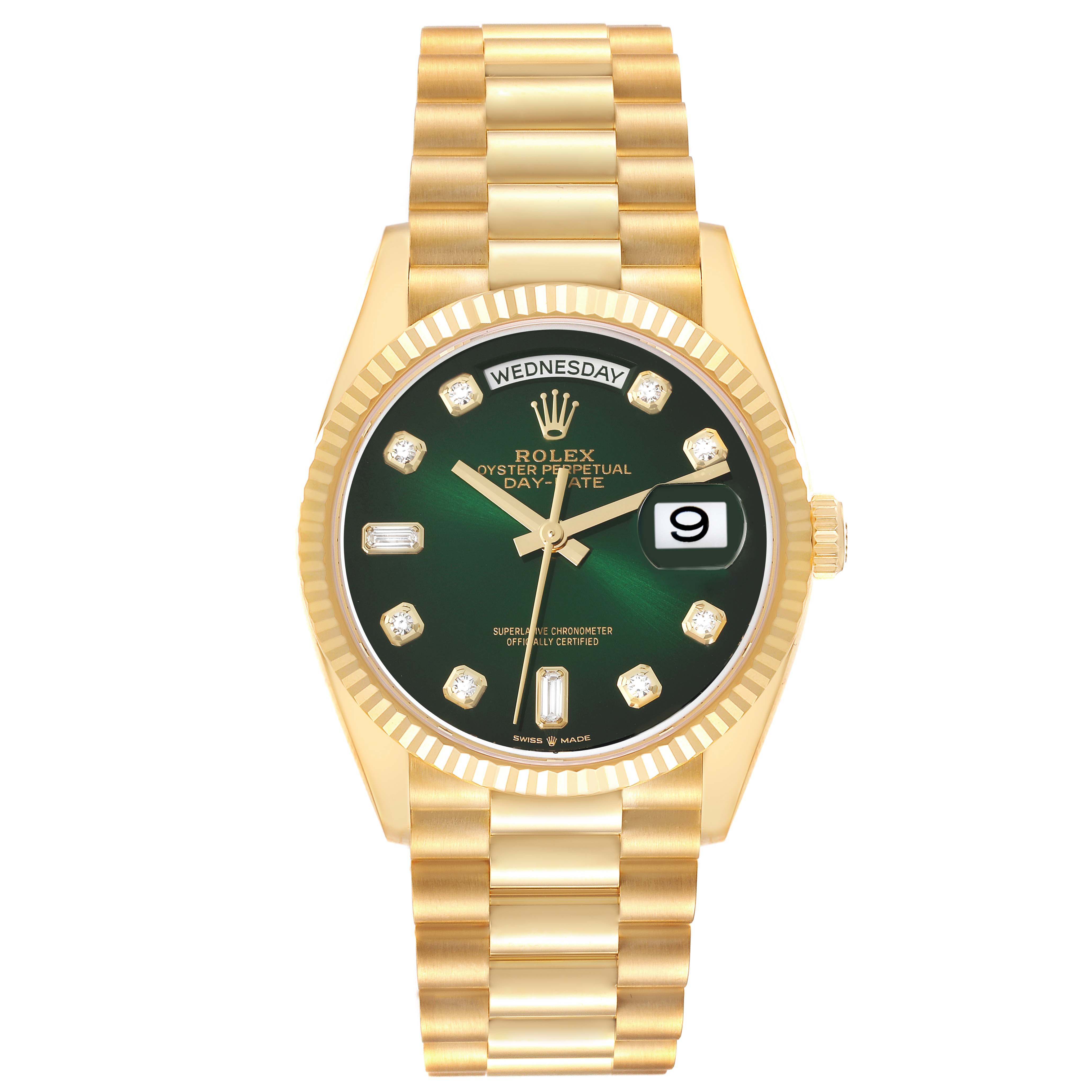 This image shows a front view of a Rolex President 128238 Men
s Yellow Gold Green Dial 128238 Men
s Yellow Gold Green Dial model watch, highlighting its green dial, day-date window, and gold bracelet.