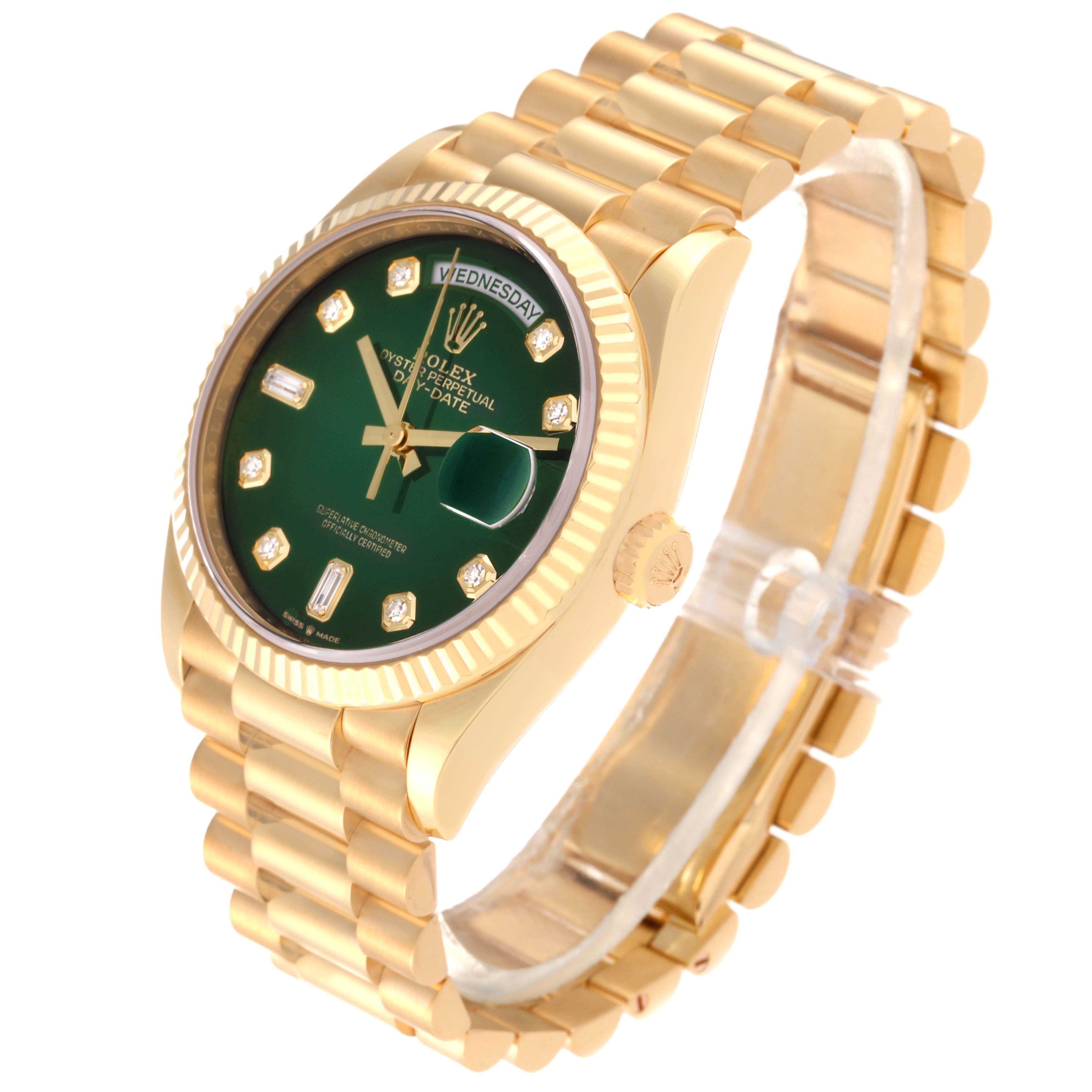 The image shows a Rolex President 128238 Men
s Yellow Gold Green Dial 128238 Men
s Yellow Gold Green Dial model watch from an angled side view, highlighting the green dial, fluted bezel, and gold bracelet.
