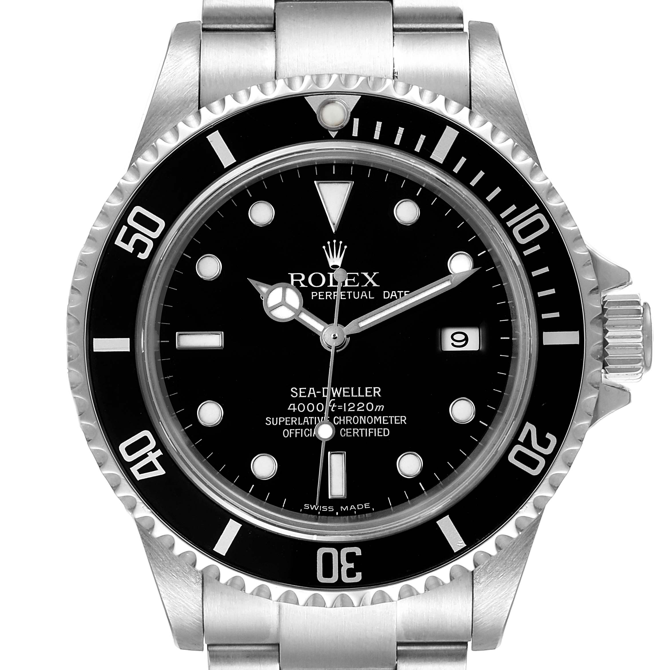 This image shows a front view of the Rolex Sea-Dweller 16600 Men
s Stainless Steel Black Dial 16600 Men
s Stainless Steel Black Dial watch, highlighting the black dial, bezel, and date window.