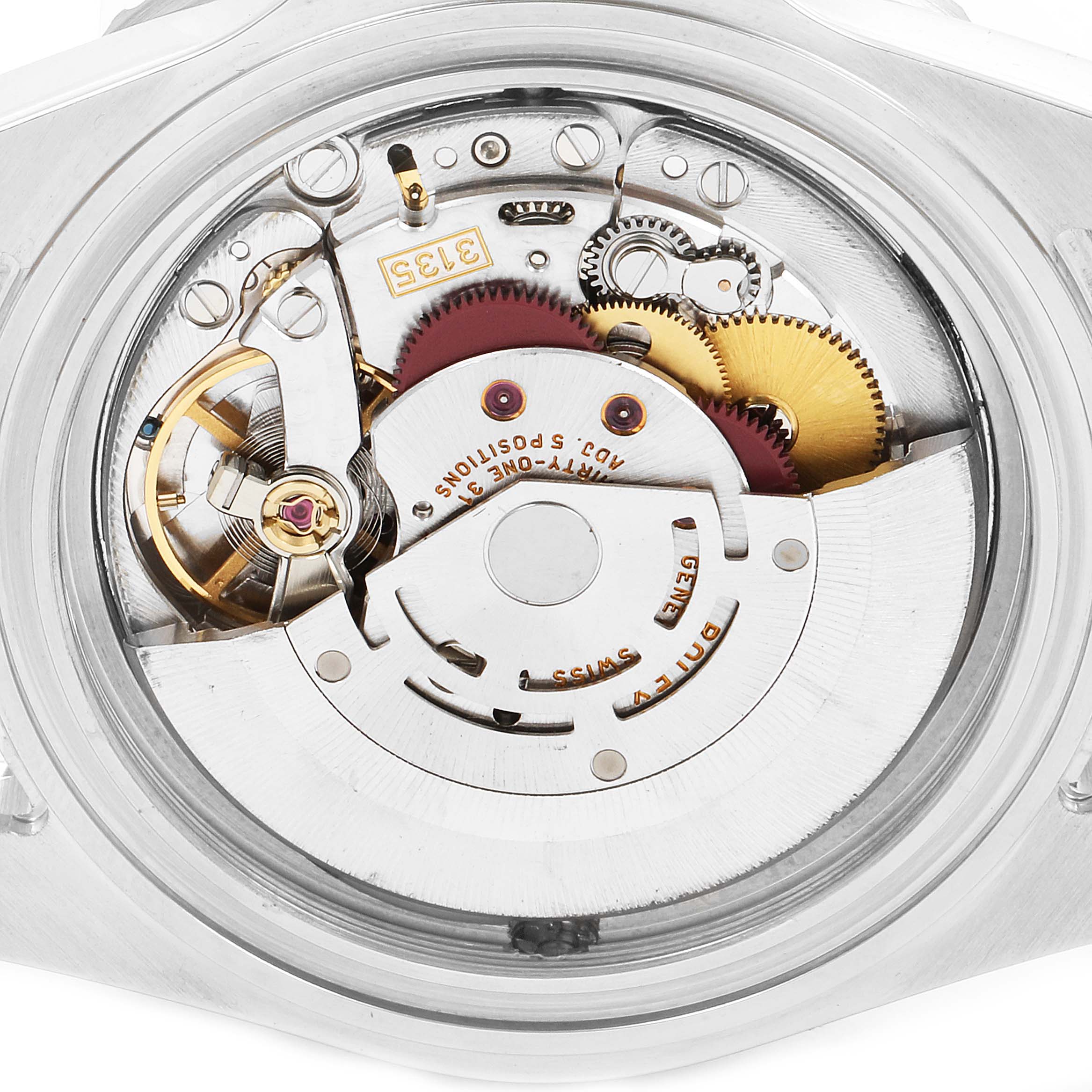 This is a close-up view of the movement mechanism inside a Rolex Sea-Dweller 16600 Men
s Stainless Steel Black Dial 16600 Men
s Stainless Steel Black Dial watch.