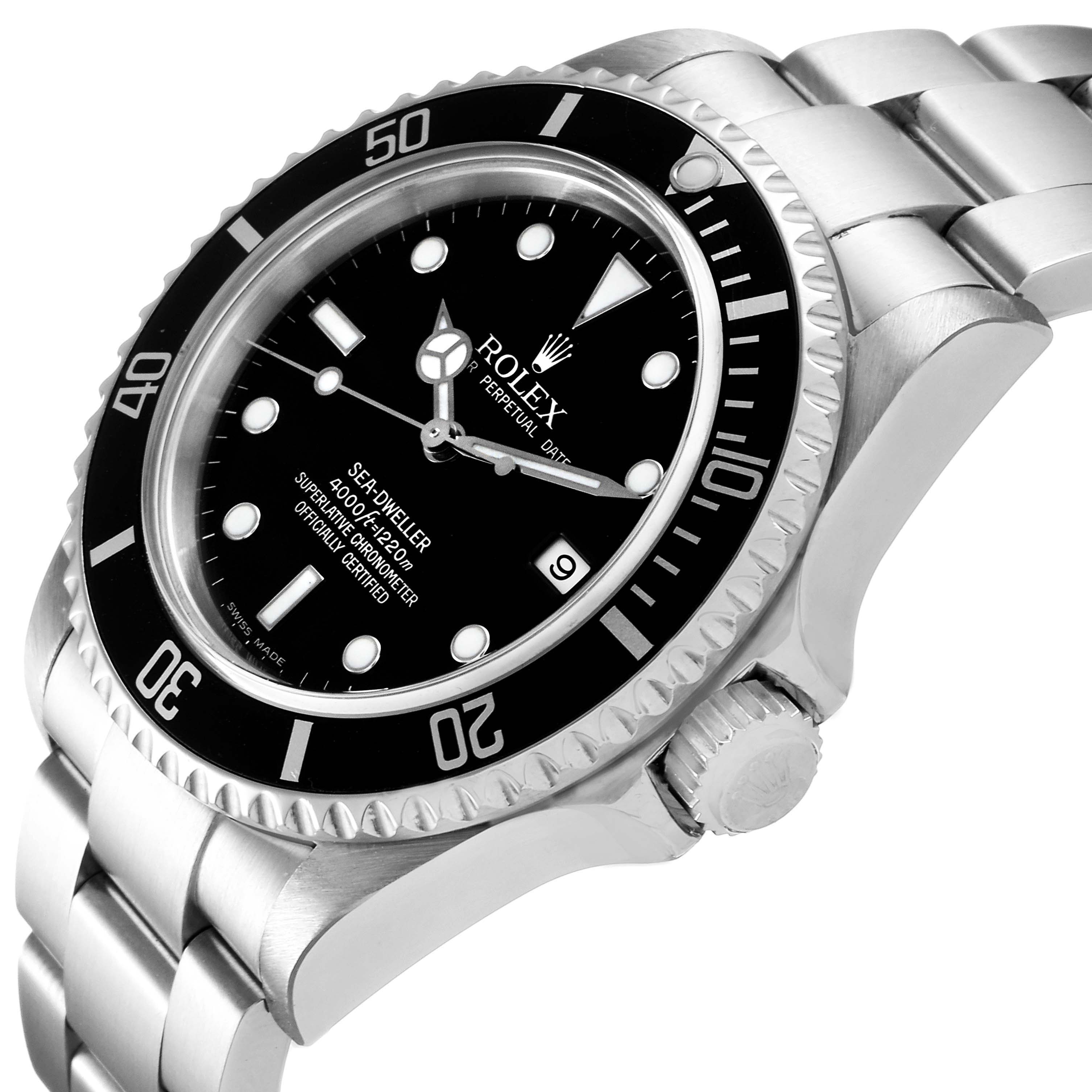 The image shows a side angle of the Rolex Sea-Dweller 16600 Men
s Stainless Steel Black Dial 16600 Men
s Stainless Steel Black Dial watch, highlighting its bezel, dial, crown, and part of the bracelet.