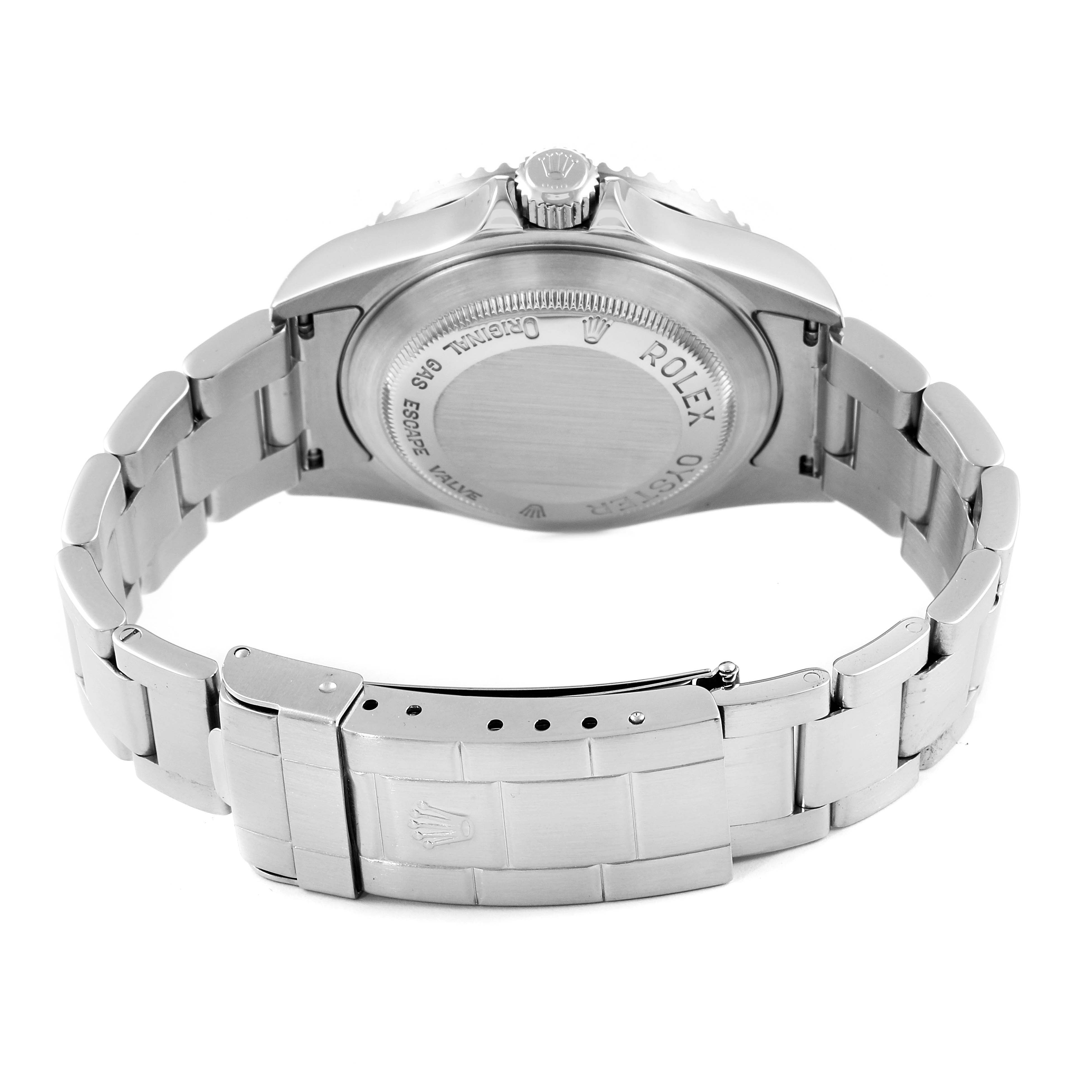 This image shows the back view of the Rolex Sea-Dweller 16600 Men
s Stainless Steel Black Dial 16600 Men
s Stainless Steel Black Dial watch, highlighting the case back, bracelet, and clasp.