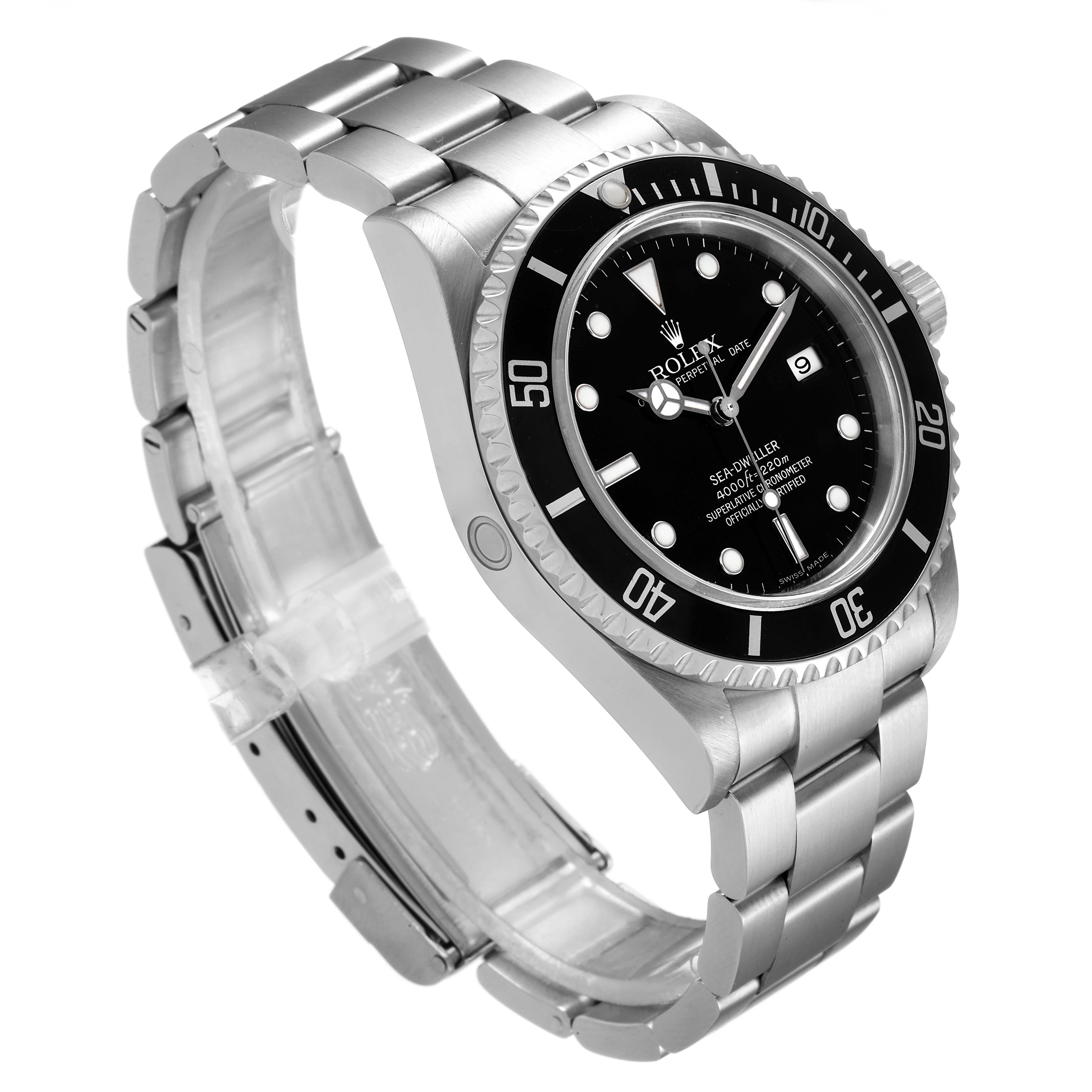 This Rolex Sea-Dweller 16600 Men
s Stainless Steel Black Dial 16600 Men
s Stainless Steel Black Dial watch is shown from a tilted angle, highlighting its face, bezel, crown, and metal bracelet.