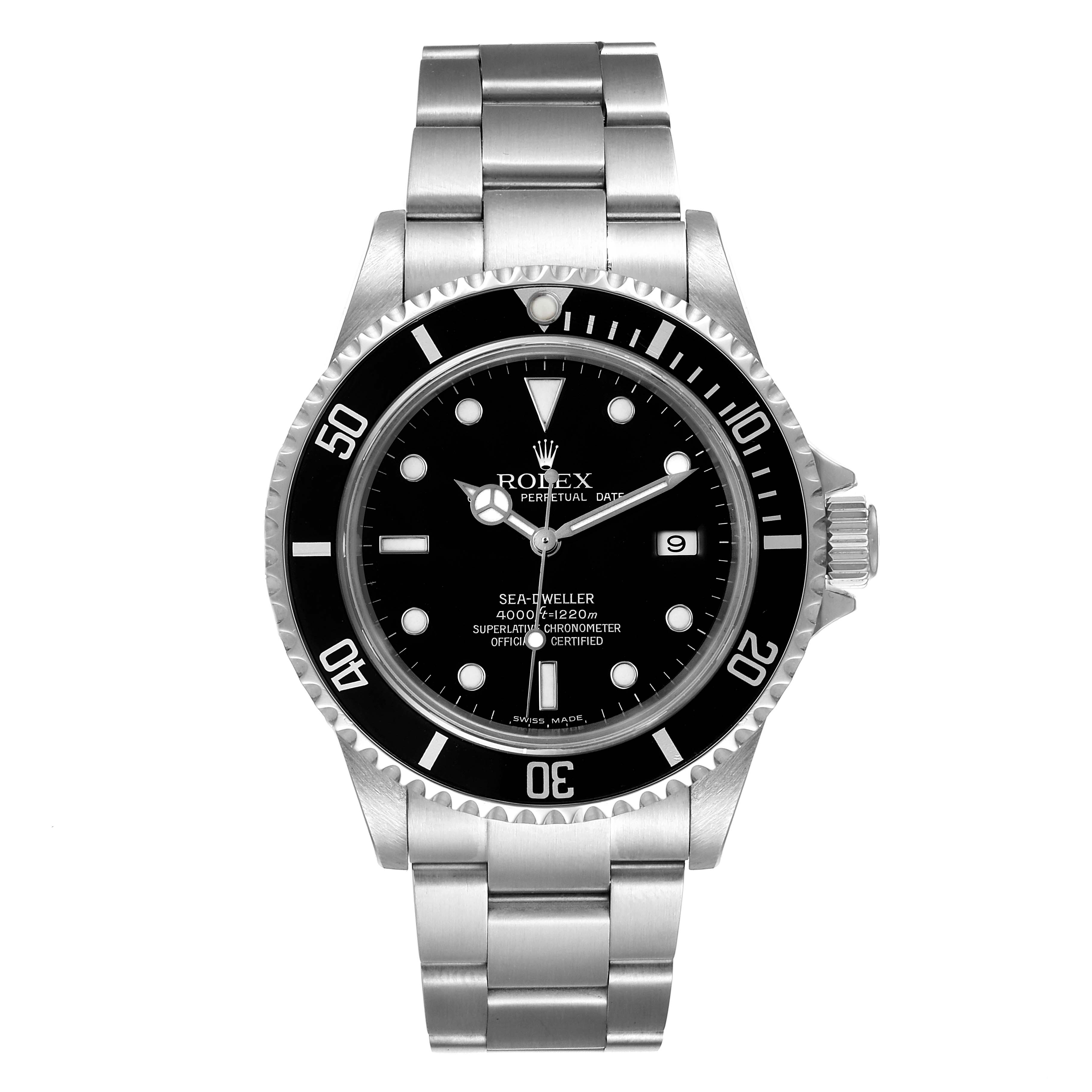 The Rolex Sea-Dweller 16600 Men
s Stainless Steel Black Dial 16600 Men
s Stainless Steel Black Dial watch is shown from the front, displaying its black dial, bezel, and stainless steel bracelet.