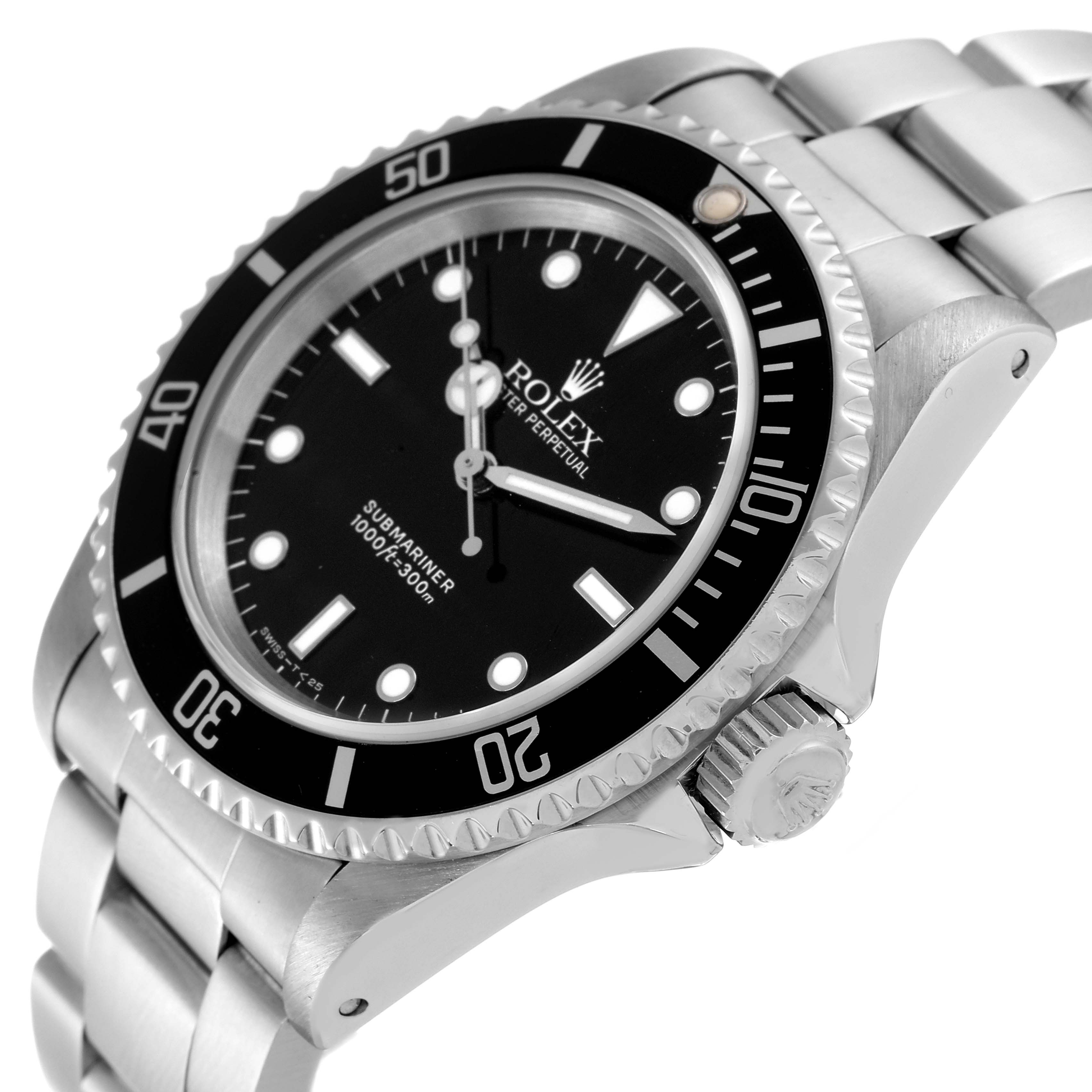 The image shows a side view of a Rolex Submariner 14060 Men
s Stainless Steel Black Dial 14060 Men
s Stainless Steel Black Dial wristwatch, highlighting the bezel, dial, crown, and a portion of the bracelet.