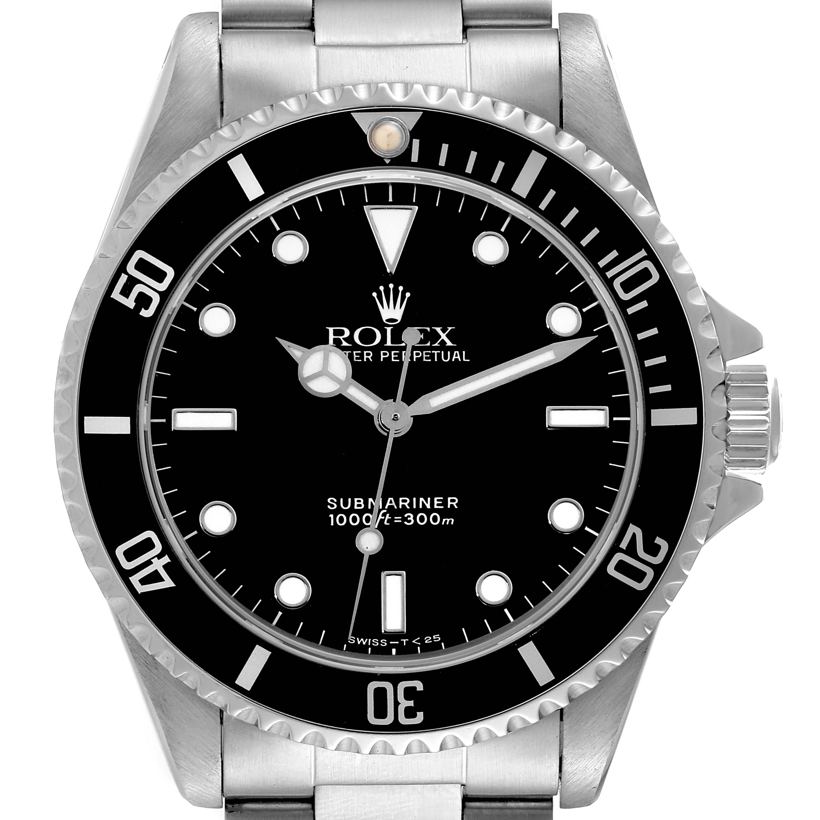 This is a front view of the Rolex Submariner 14060 Men
s Stainless Steel Black Dial 14060 Men
s Stainless Steel Black Dial watch, showing the dial, bezel, and part of the bracelet.