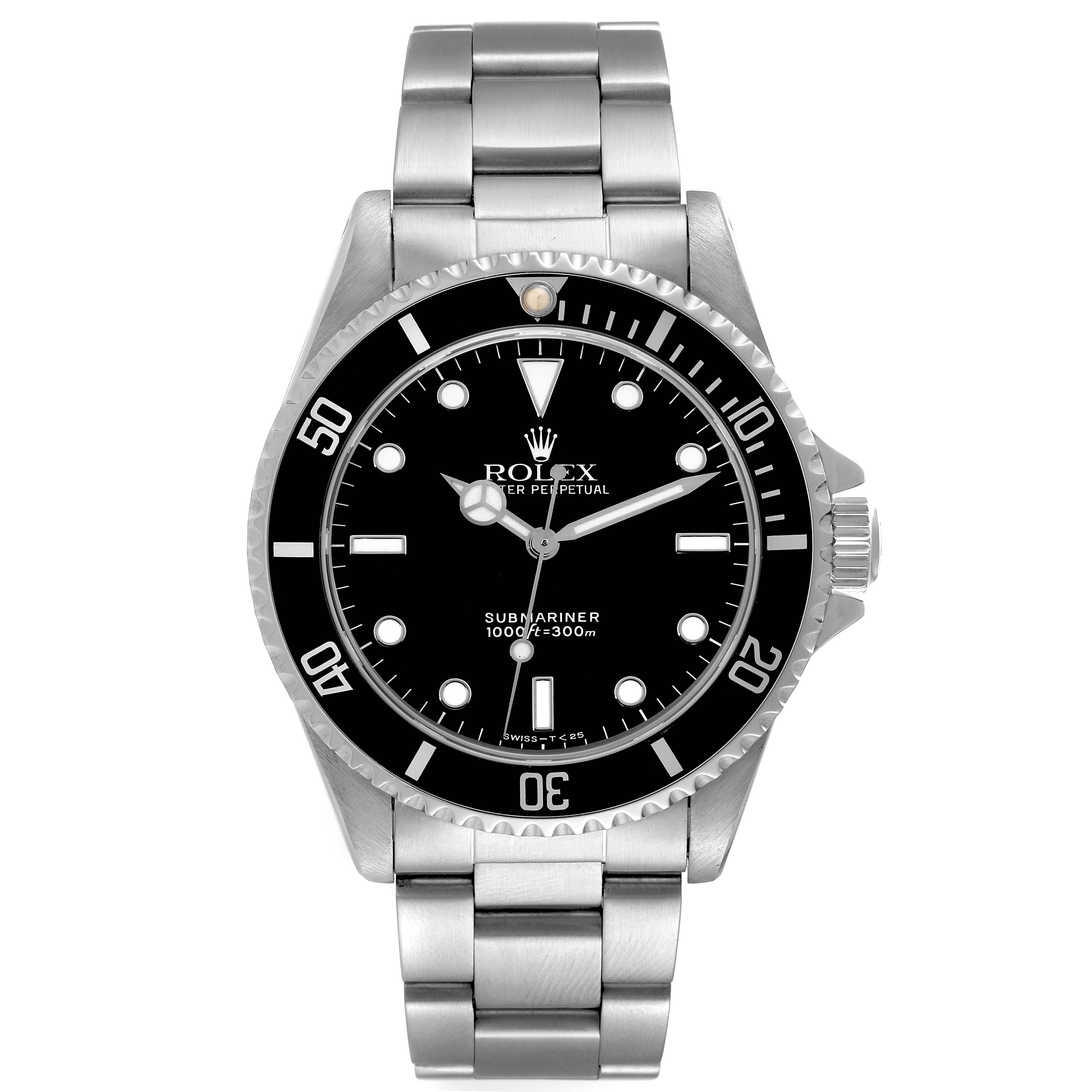 This image shows a front view of a Rolex Submariner 14060 Men
s Stainless Steel Black Dial 14060 Men
s Stainless Steel Black Dial watch, displaying the dial, bezel, case, and bracelet.