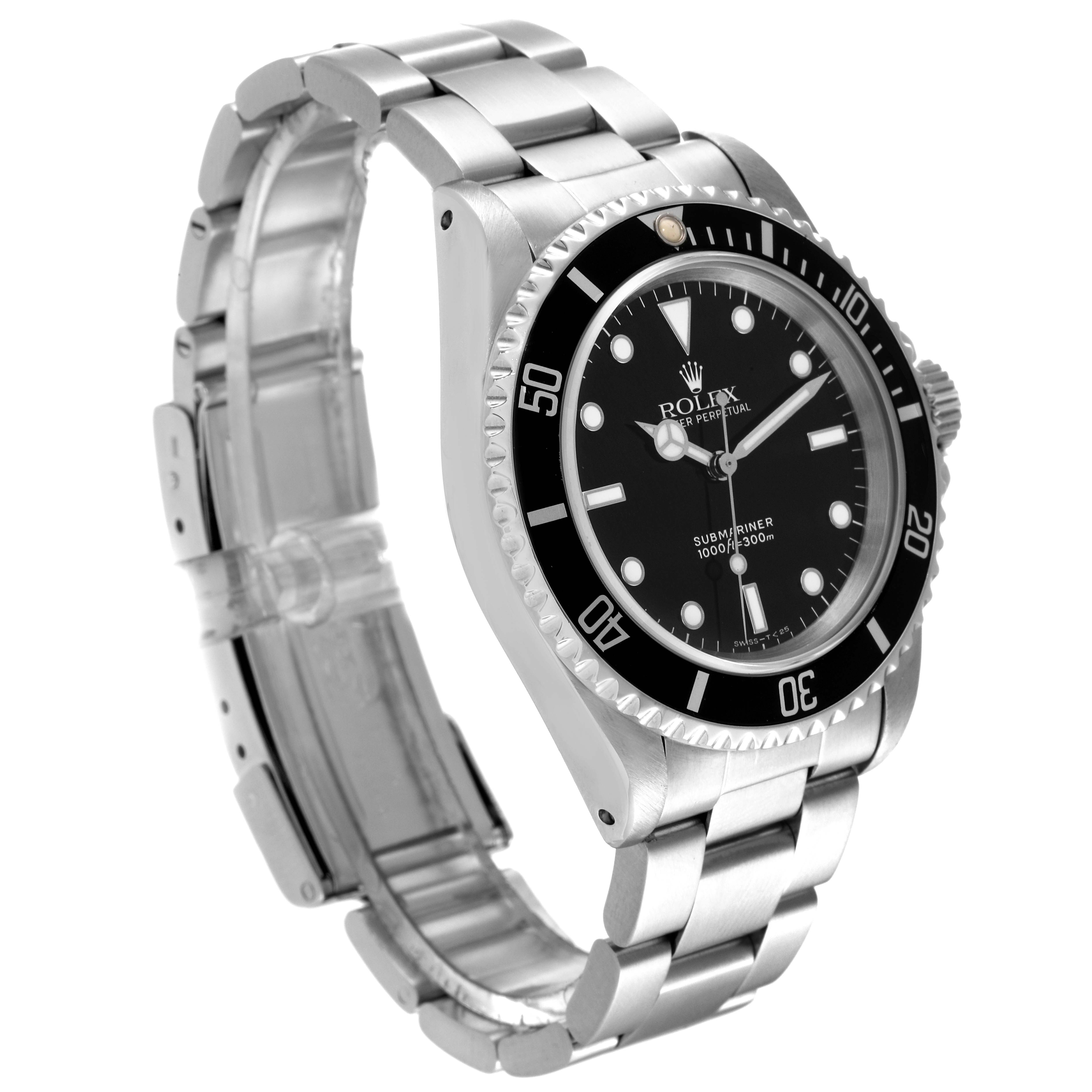 The image shows a Rolex Submariner 14060 Men
s Stainless Steel Black Dial 14060 Men
s Stainless Steel Black Dial watch positioned at a three-quarter angle, highlighting the face, bezel, and part of the bracelet.