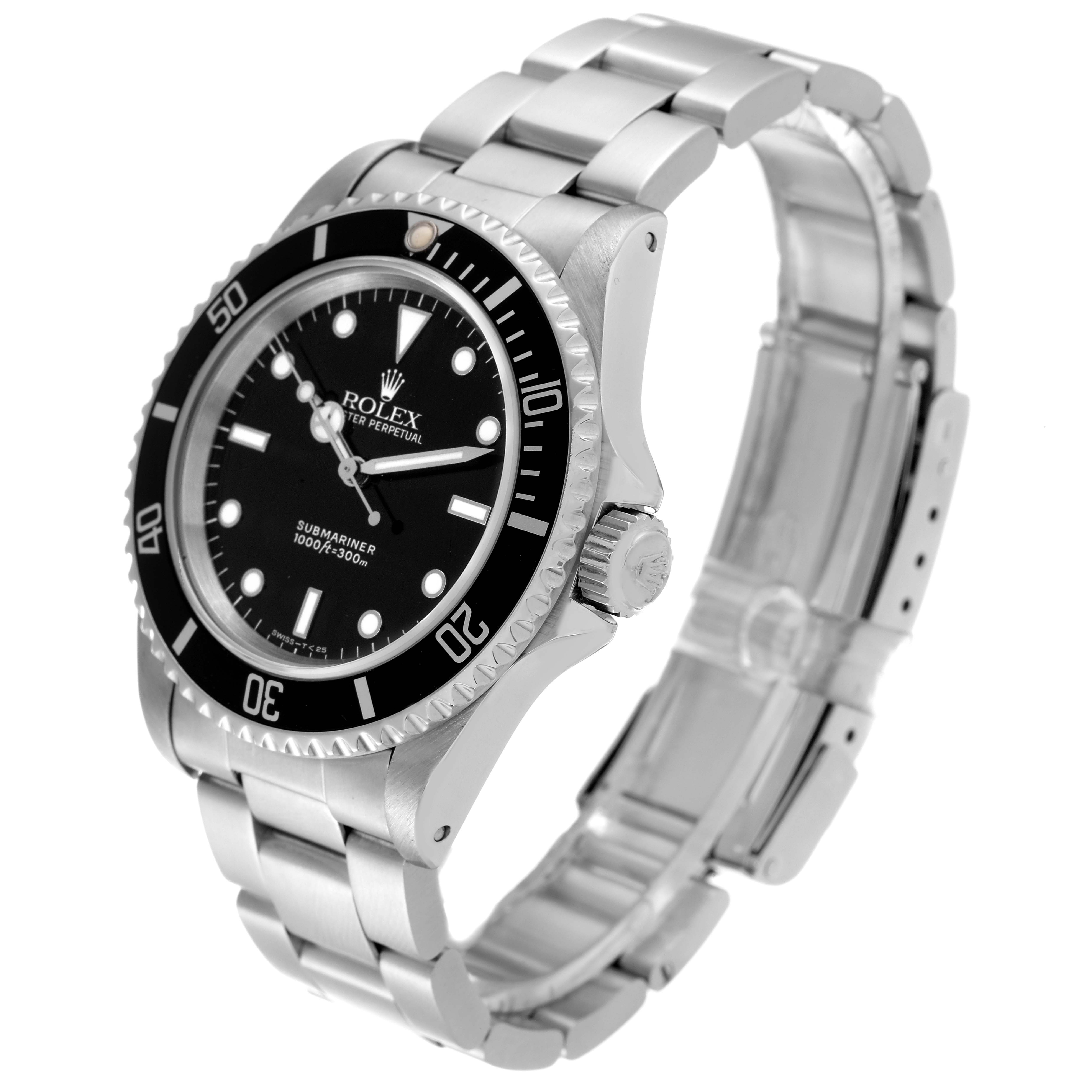 The image shows a Rolex Submariner 14060 Men
s Stainless Steel Black Dial 14060 Men
s Stainless Steel Black Dial watch at an angled side view, highlighting its bezel, dial, crown, and bracelet.