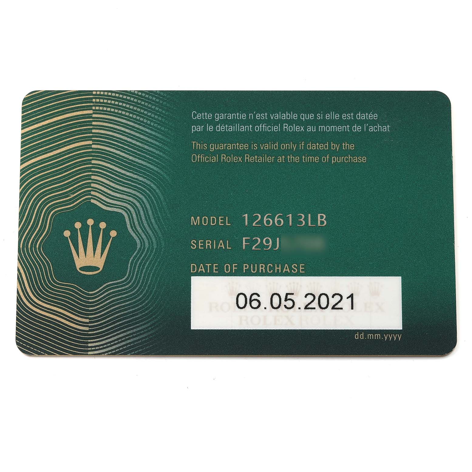 This image shows the front side of a Rolex Submariner 126613 Men's Steel and Gold (two tone) Blue Dial 126613 Men's Steel and Gold (two tone) Blue Dial model 126613LB warranty card.