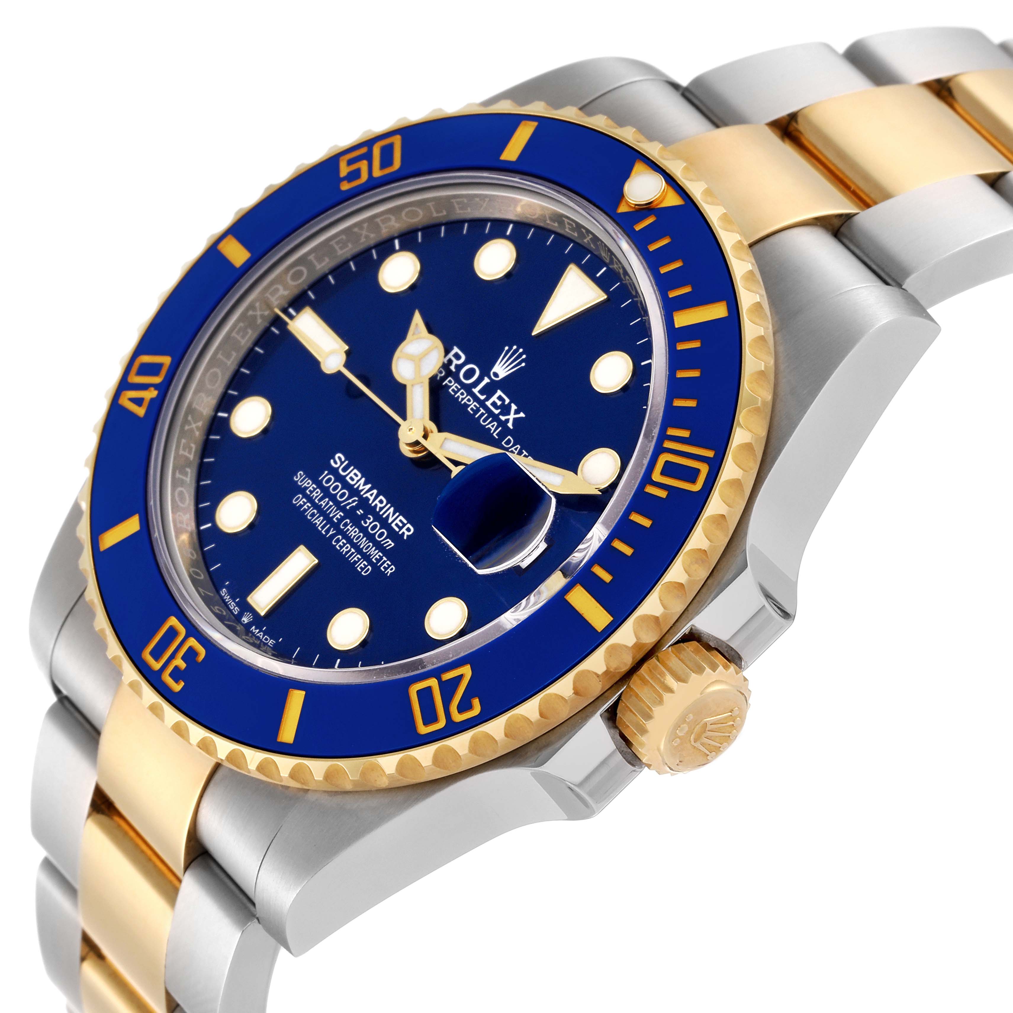 The image shows a side and partial top view of a Rolex Submariner 126613 Men's Steel and Gold (two tone) Blue Dial 126613 Men's Steel and Gold (two tone) Blue Dial, highlighting its blue bezel, dial, and bicolor metal strap.