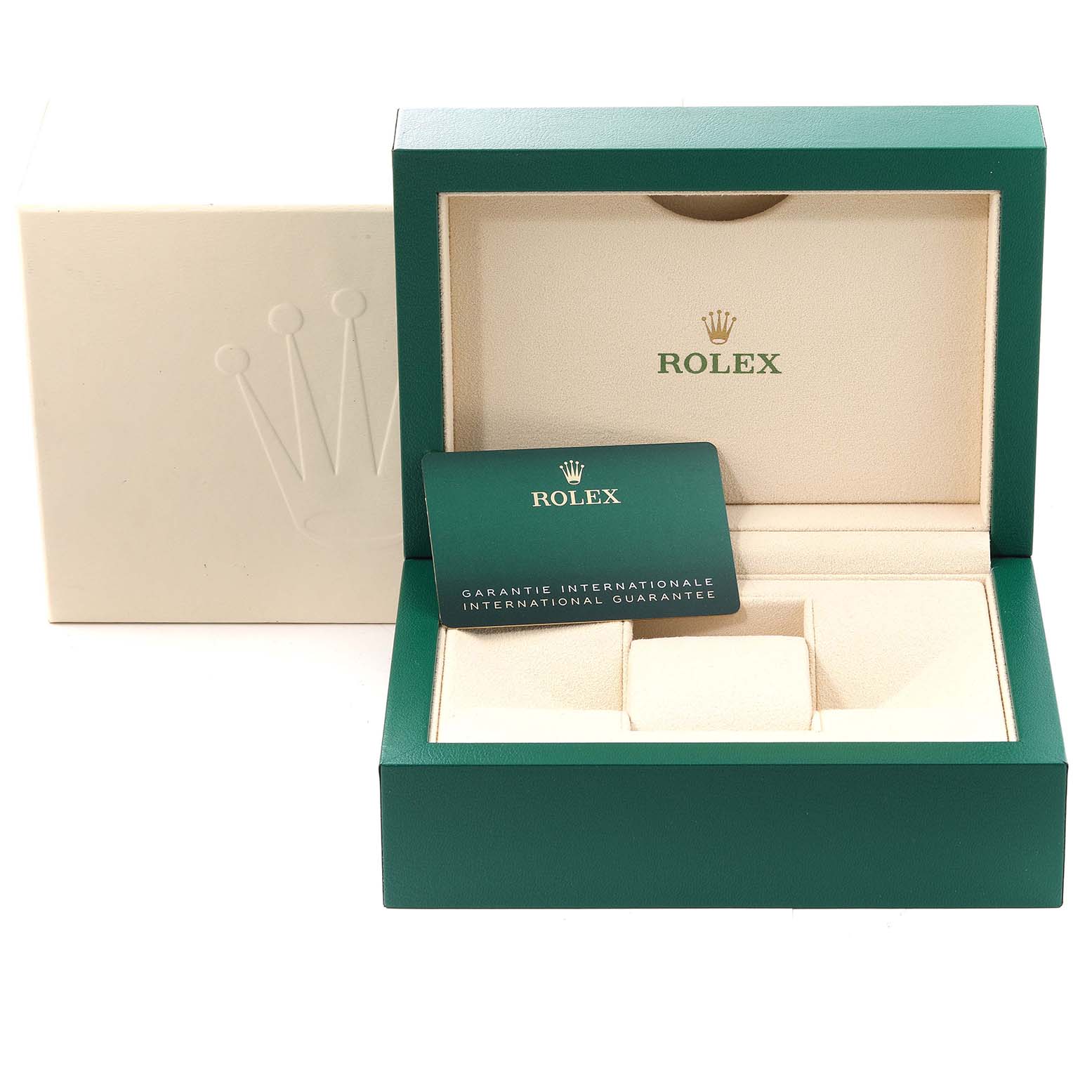 This image shows an open box and warranty card for a Rolex Submariner 126613 Men's Steel and Gold (two tone) Blue Dial 126613 Men's Steel and Gold (two tone) Blue Dial watch, with the box and card positioned frontally.