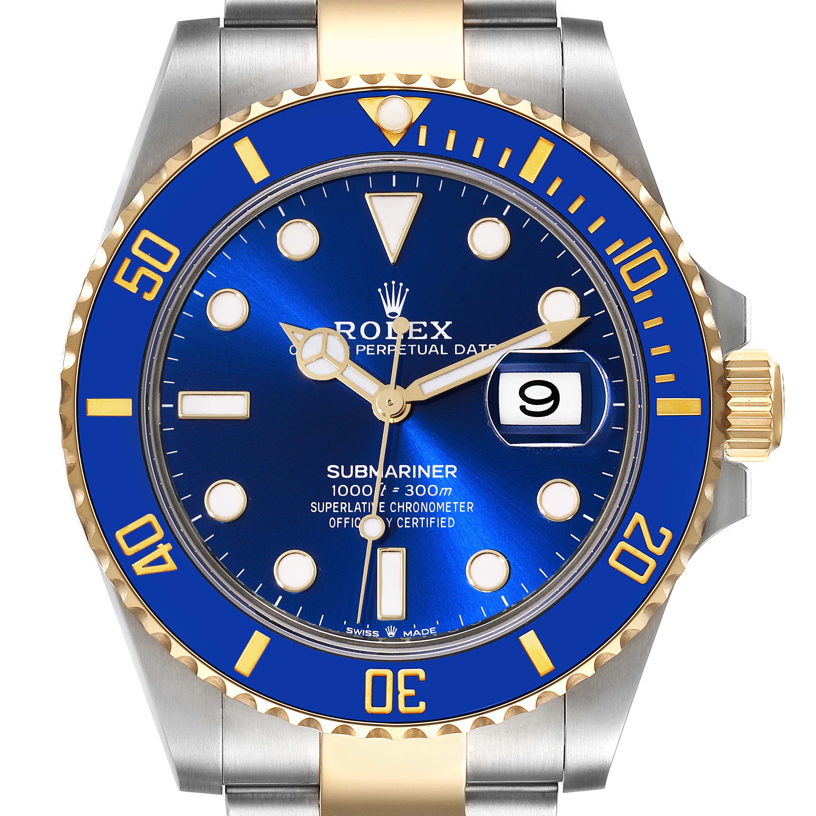 This Rolex Submariner 126613 Men's Steel and Gold (two tone) Blue Dial 126613 Men's Steel and Gold (two tone) Blue Dial watch is shown from the front, highlighting its blue dial, gold-accented bezel, date window, and crown.