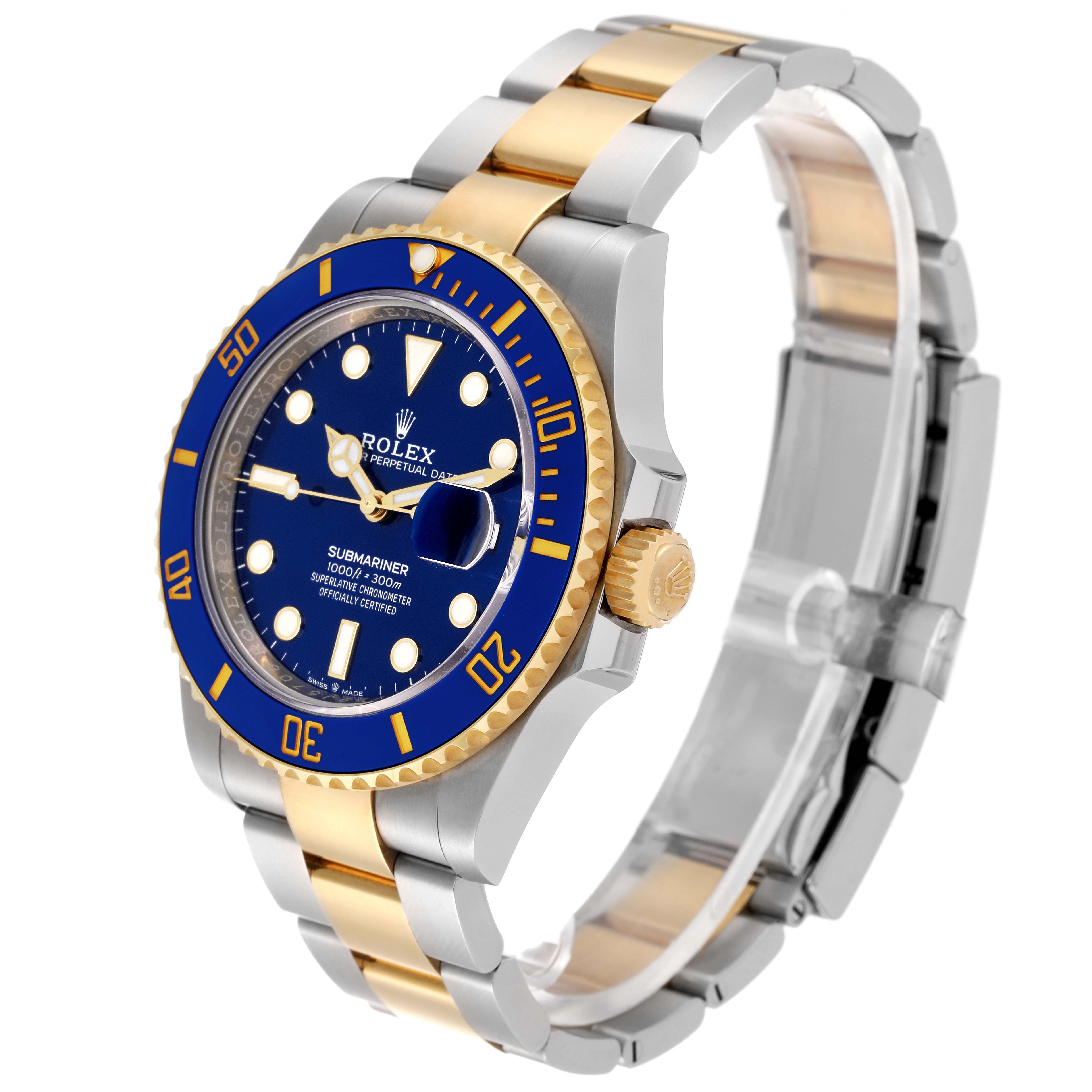 This Rolex Submariner 126613 Men's Steel and Gold (two tone) Blue Dial 126613 Men's Steel and Gold (two tone) Blue Dial watch is shown at a three-quarter angle, highlighting its blue dial, gold crown, and two-tone bracelet.