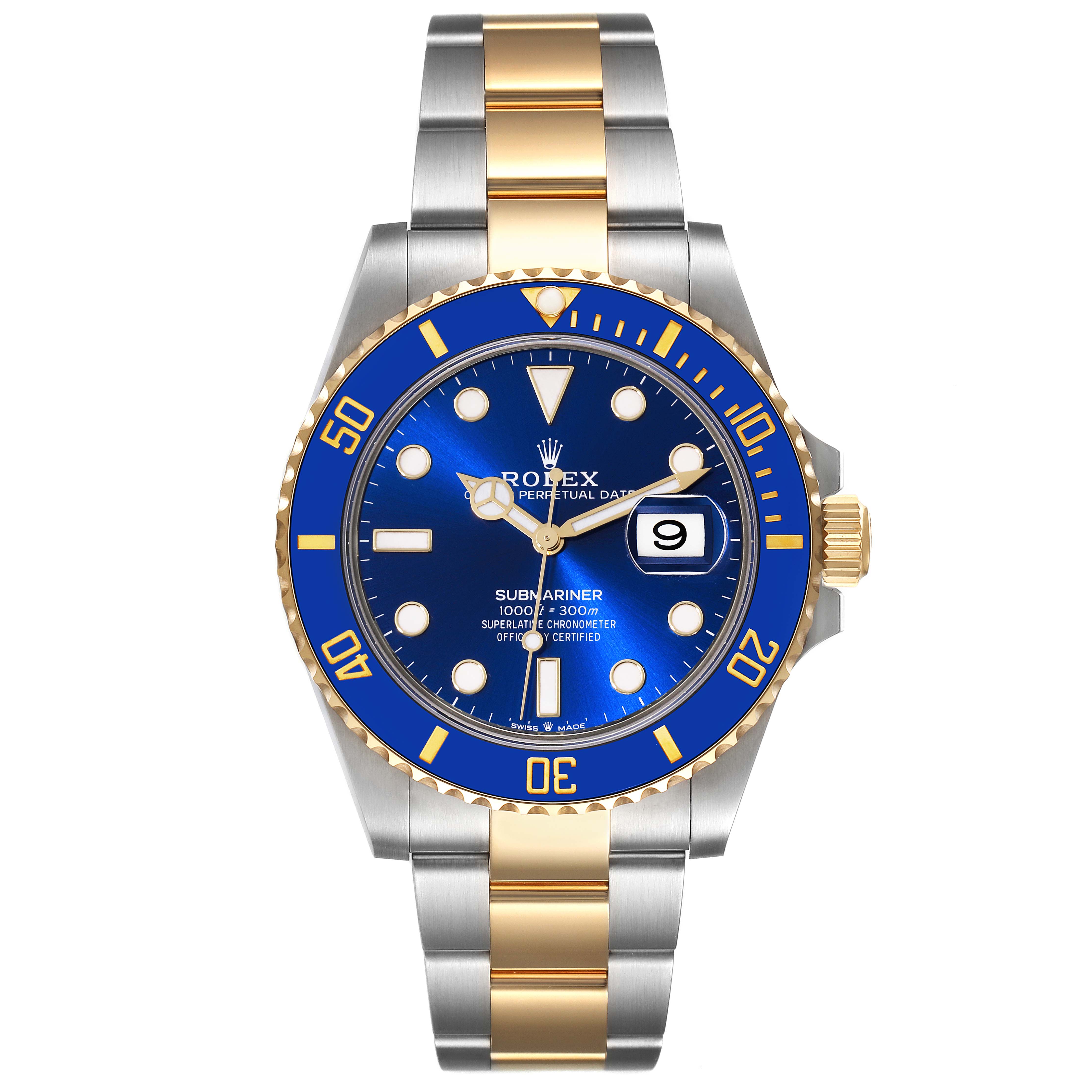This image shows a front view of the Rolex Submariner 126613 Men's Steel and Gold (two tone) Blue Dial 126613 Men's Steel and Gold (two tone) Blue Dial watch, highlighting its blue dial, date window, and two-tone metal bracelet.